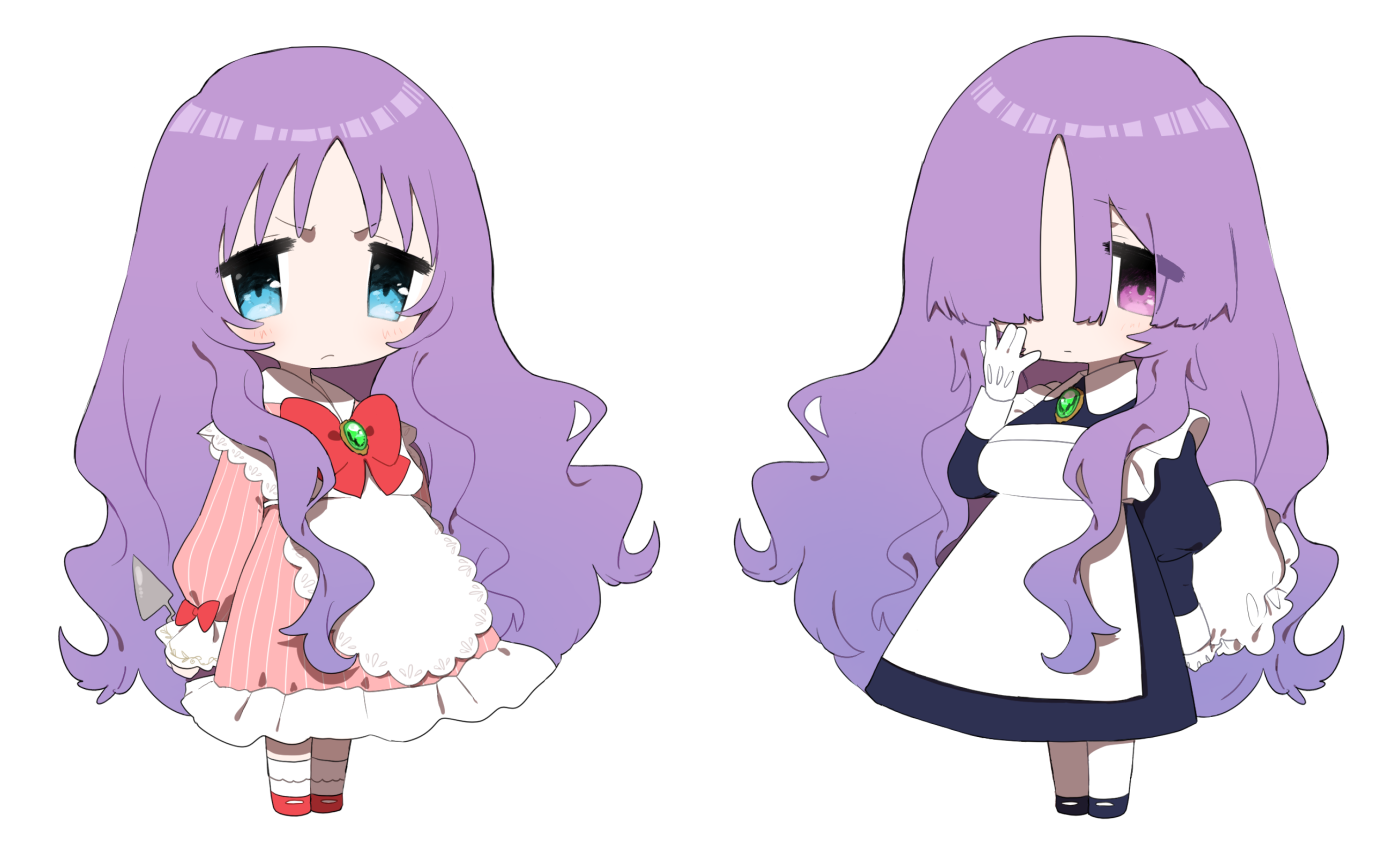 eurasia (wtp09ptw14), francoise (eurasia), original, commentary request, 2girls, age comparison, aged down, apron, blue dress, blue eyes, bow, breasts, brooch, chibi, chibi only, choppy bangs, closed mouth, dress, dual persona, full body, gem, gloves, green gemstone, hair over one eye, hand on own cheek, hand on own face, jewelry, long hair, long sleeves, looking at viewer, maid apron, multiple girls, one eye covered, purple eyes, purple hair, red bow, simple background, standing, v-shaped eyebrows, white apron, white background, white gloves