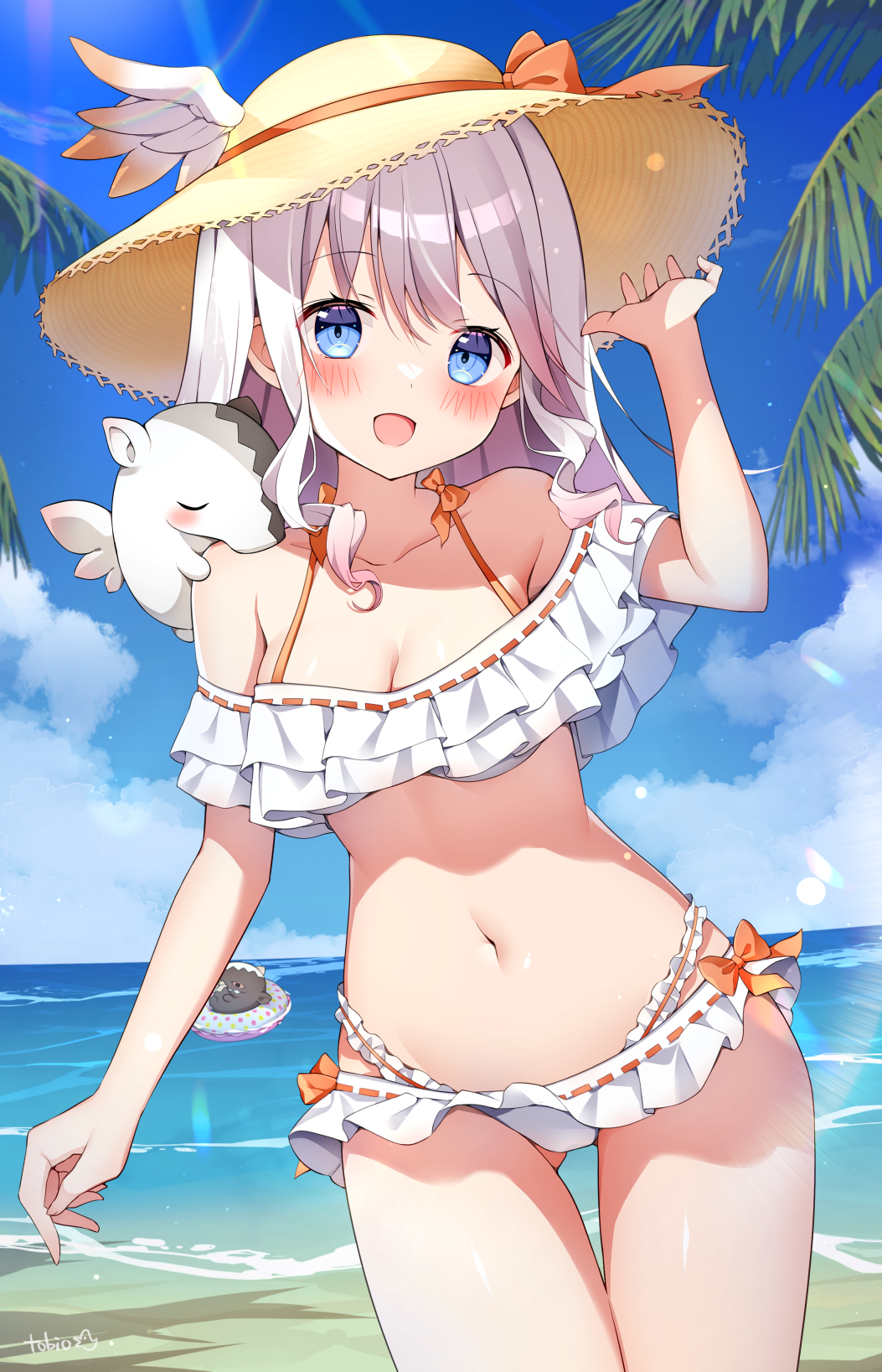 tobio illust, yumekui kohaku, indie virtual youtuber, commentary, commission, highres, skeb commission, 1girl, bare shoulders, beach, bikini, blue eyes, blue sky, blush, bow, breasts, cleavage, cloud, collarbone, day, hat, innertube, long hair, looking at viewer, medium breasts, navel, ocean, open mouth, outdoors, palm tree, sky, smile, solo, stomach, straw hat, sun hat, swim ring, swimsuit, tree, virtual youtuber, water, white bikini, white hair
