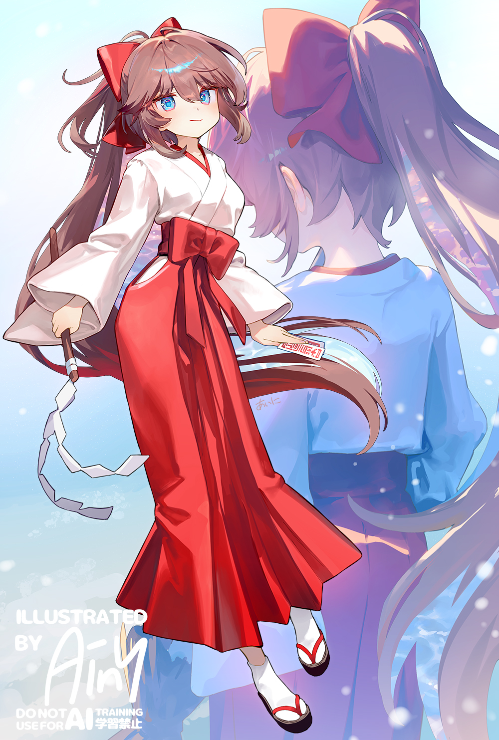 ainy, original, commentary request, highres, 1girl, artist name, black sandals, blue eyes, bow, brown hair, closed mouth, full body, gohei, hair bow, hakama, hakama skirt, holding, holding gohei, japanese clothes, kimono, long hair, long sleeves, looking at viewer, miko, multiple views, okobo, platform sandals, ponytail, red bow, red hakama, sandals, skirt, socks, standing, tabi, watermark, white kimono, white socks, wide sleeves