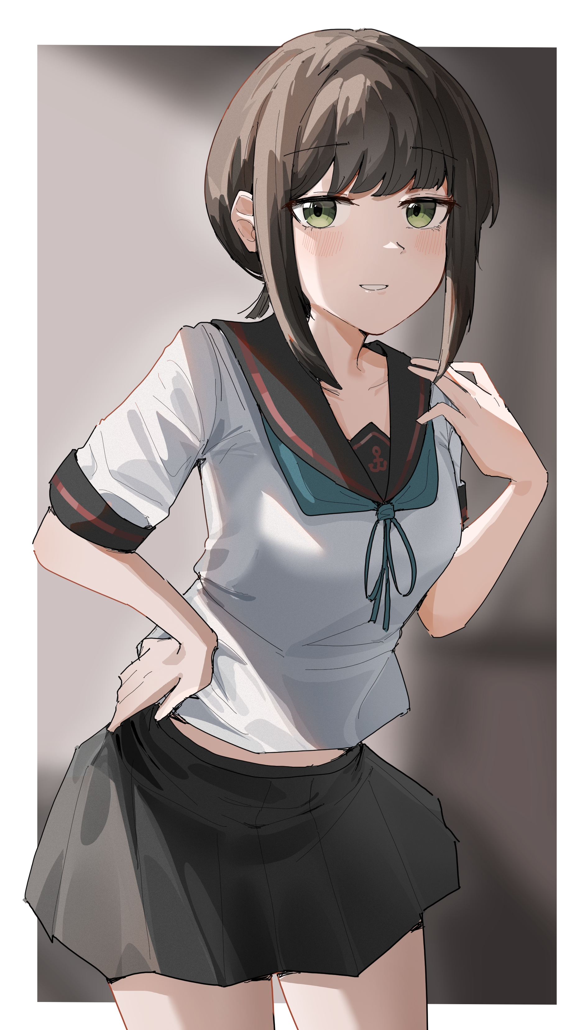 ningfeng233, fubuki (kancolle), fubuki kai ni (kancolle), kantai collection, absurdres, highres, anchor symbol, black sailor collar, black skirt, brown hair, green eyes, low ponytail, pleated skirt, ponytail, sailor collar, school uniform, serafuku, short ponytail, sidelocks, skirt
