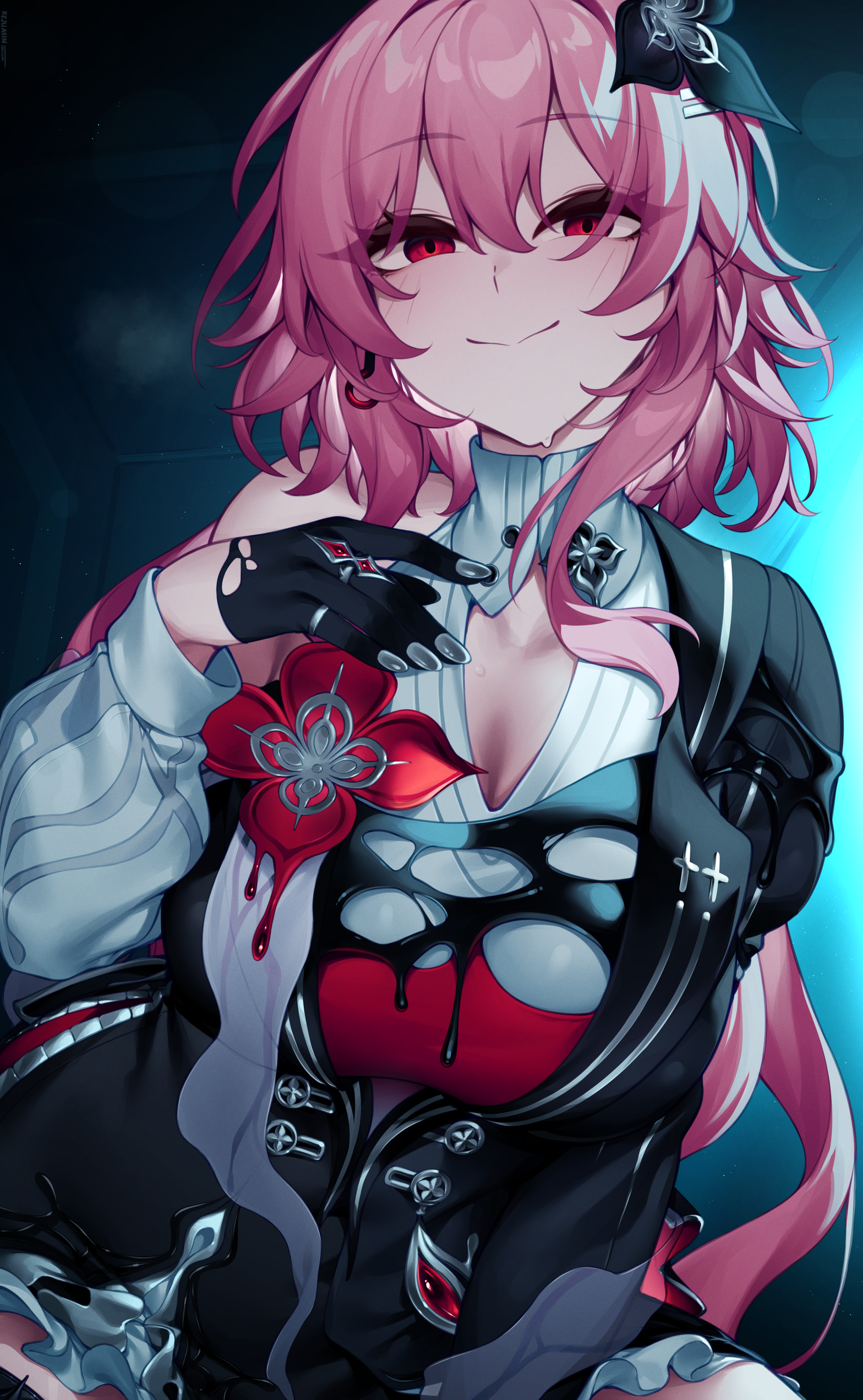 nanatsuichi, evernight (honkai: star rail), march 7th (honkai: star rail), honkai: star rail, honkai (series), absurdres, highres, 1girl, black dress, black gloves, blush, breasts, cleavage, closed mouth, dress, flower, gloves, hair flower, hair ornament, indoors, large breasts, looking at viewer, pink hair, red eyes, shirt, single bare shoulder, smile, solo, sweatdrop, white shirt