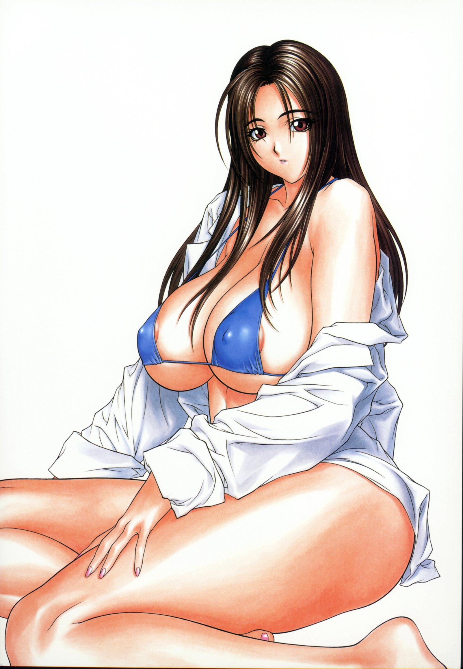 inoue takuya, highres, 1girl, bikini, bikini top only, blue bikini, bottomless, breasts, brown eyes, brown hair, cleavage, female focus, huge breasts, long hair, nail polish, nipple slip, nipples, off shoulder, open clothes, open shirt, puffy nipples, shirt, simple background, solo, swimsuit, thick thighs, thighs, toenail polish, toenails, white background