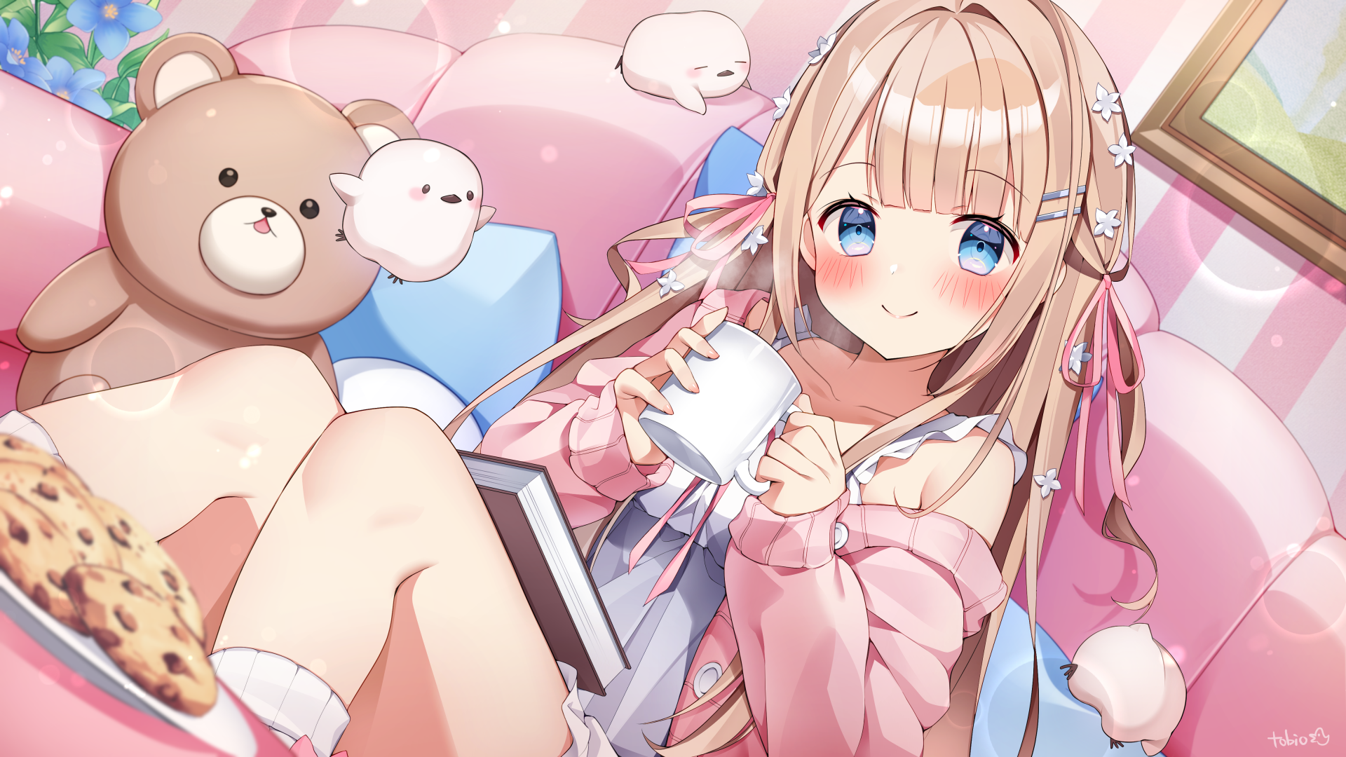tobio illust, yukinoshita peo, indie virtual youtuber, commentary request, highres, 1girl, bare shoulders, blonde hair, blue eyes, blunt bangs, blush, book, closed mouth, cookie, couch, cup, feet out of frame, food, grey shirt, hair ornament, hair ribbon, hairclip, holding, holding cup, indoors, long hair, long sleeves, looking at viewer, parallel hairclips, pink ribbon, pink sweater, plate, ribbon, shirt, sitting, smile, socks, solo, stuffed animal, stuffed toy, sweater, teddy bear, virtual youtuber, white socks