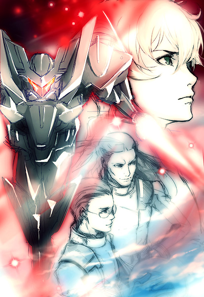 teddy (artist), daryl dodge, graham aker, howard mason, union flag, gundam, gundam 00, bad id, bad pixiv id, 00s, 3boys, blonde hair, glasses, male focus, mecha, multiple boys, robot