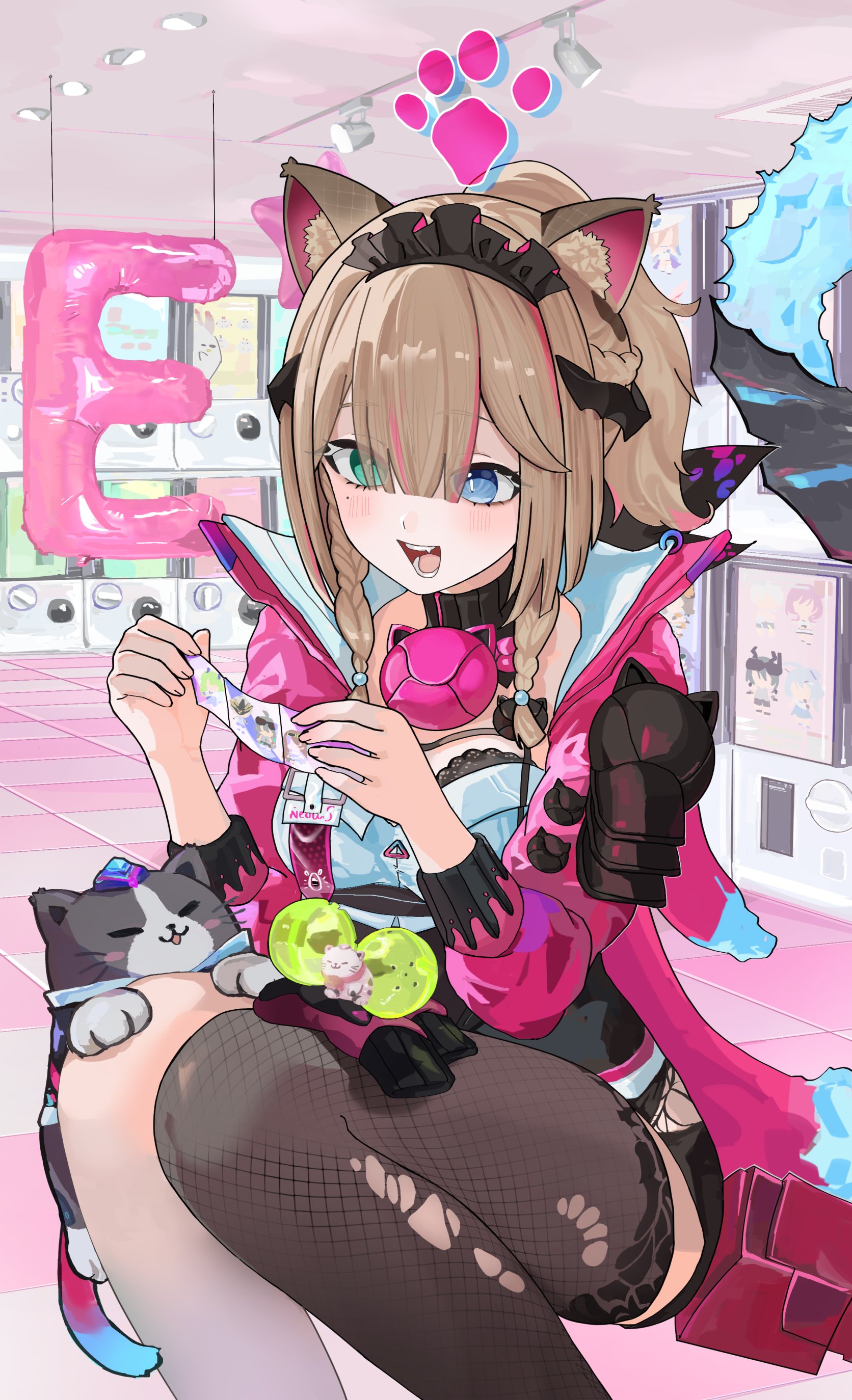 arin (1010 ssu), can (honkai impact), eden (honkai impact), elysia (honkai impact), fu hua, griseo, griseo (starry impression), jingwei (bird), kalpas (honkai impact), kosma, mobius (honkai impact), pardofelis, pardofelis (spectral claws), su (honkai impact), vill-v, vill-v (i'm the storm), honkai (series), honkai impact 3rd, absurdres, commentary request, highres, second-party source, 1girl, animal ears, black shorts, black thighhighs, blue eyes, brown hair, cat, cat ears, cat girl, checkered floor, green eyes, heterochromia, indoors, jacket, official alternate costume, pink jacket, short hair with long locks, short shorts, shorts, single thighhigh, squatting, thighhighs