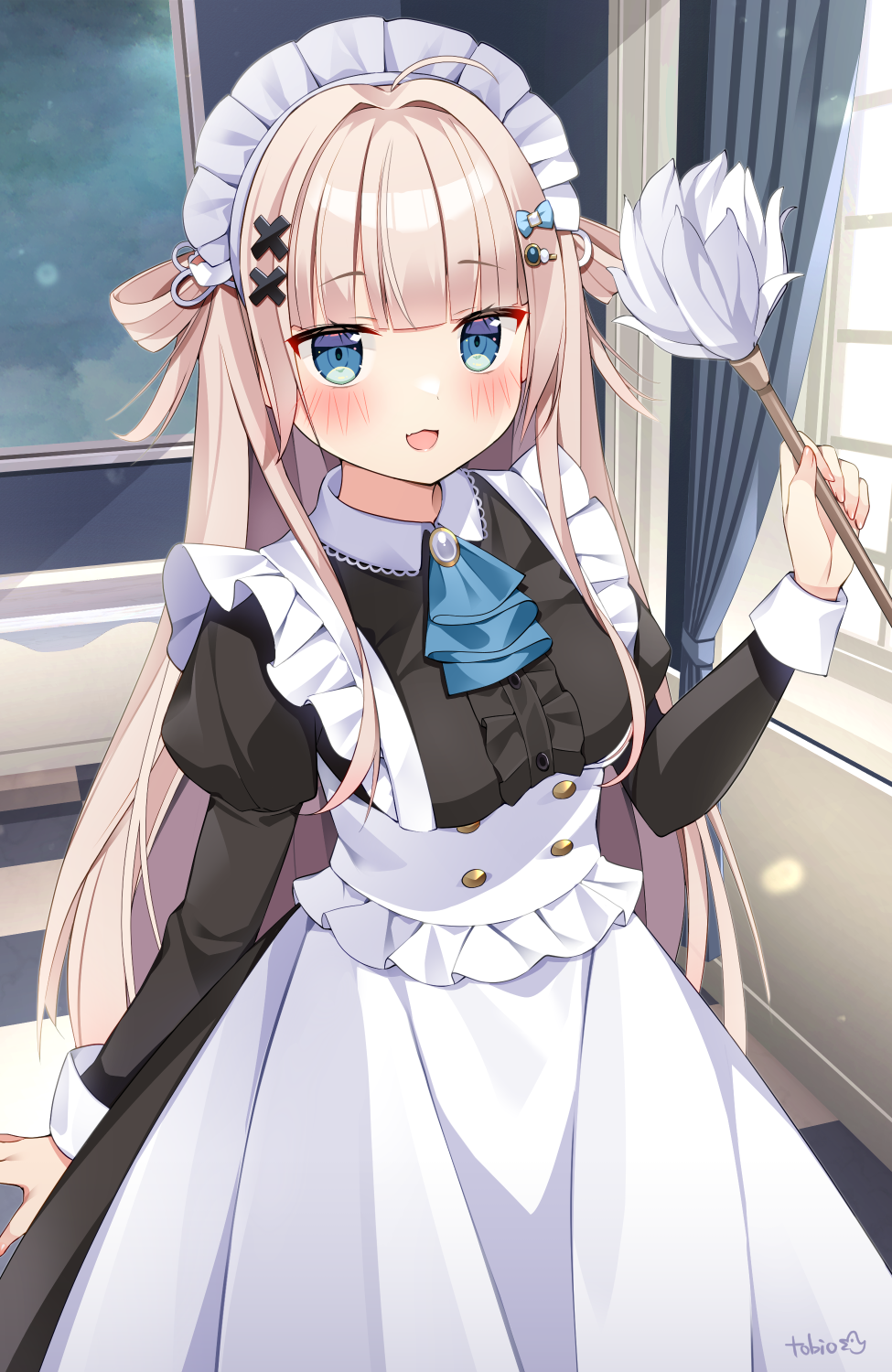 tobio illust, yayamugi (vtuber), indie virtual youtuber, commentary request, highres, 1girl, :d, apron, ascot, black dress, blonde hair, blue ascot, blue eyes, blunt bangs, blush, center frills, cowboy shot, dress, duster, frills, hair ornament, holding, holding duster, juliet sleeves, long hair, long sleeves, maid, maid headdress, open mouth, puffy sleeves, smile, solo, virtual youtuber, white apron, x hair ornament
