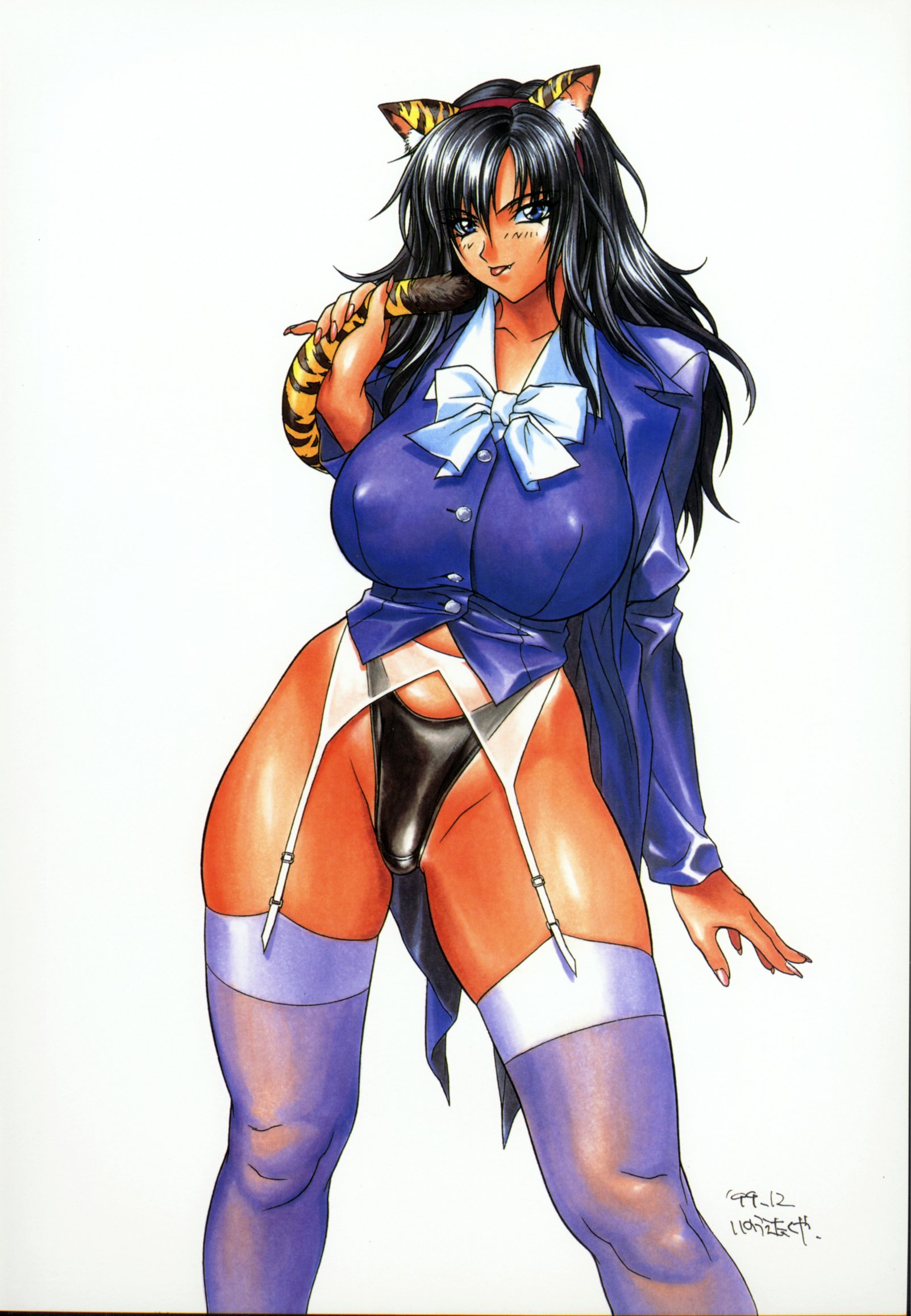 inoue takuya, highres, 1girl, animal ears, black hair, black panties, blazer, blue eyes, breasts, cat ears, cat tail, fang, female focus, garter belt, huge breasts, jacket, lingerie, long hair, no pants, panties, solo, tail, thick thighs, thighhighs, thighs, thong, underwear