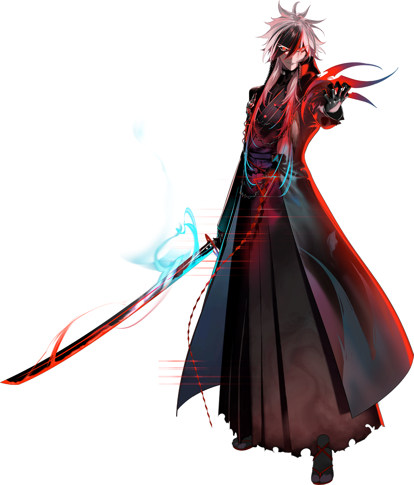 fate/grand order, fate (series), highres, official art, third-party source, 1boy, black gloves, black hair, black hakama, black kimono, coat, eyes visible through hair, frown, full body, gloves, gradient hair, hakama, japanese clothes, katana, kimono, kondou isami (fate), long hair, long sleeves, looking at viewer, male focus, multicolored hair, red eyes, sandals, socks, solo, standing, sword, tachi-e, torn clothes, torn hakama, transparent background, weapon, white hair