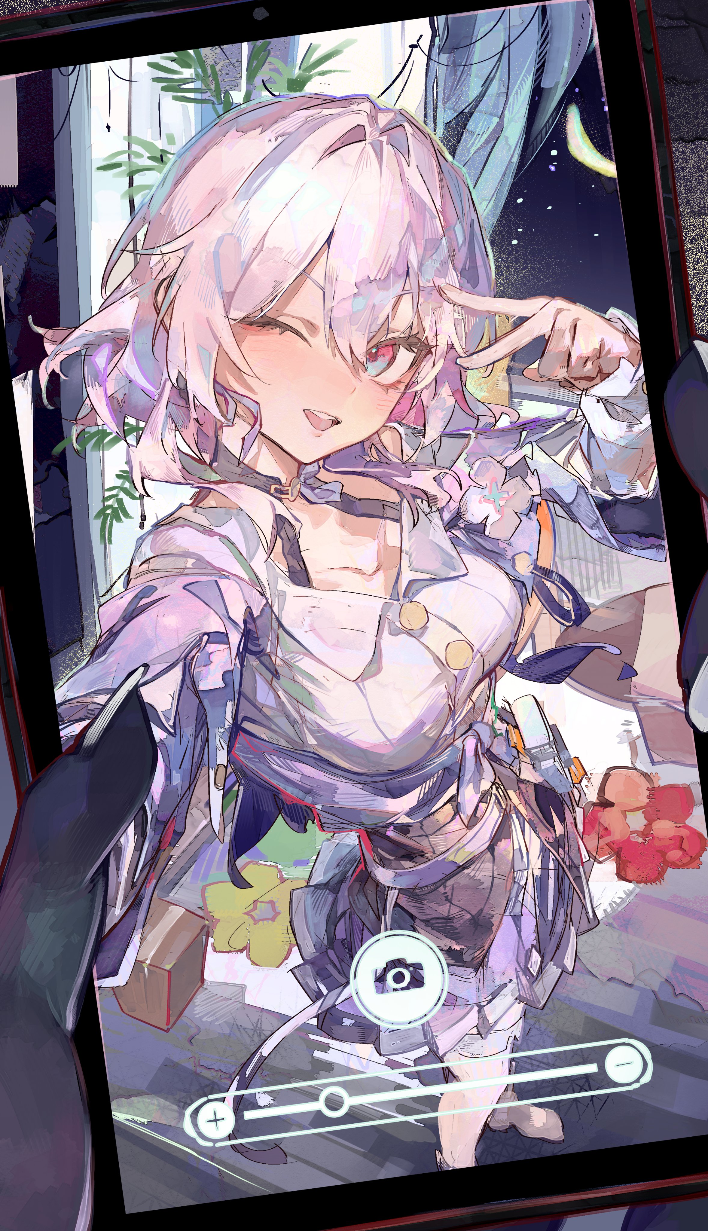cocoballking, evernight (honkai: star rail), march 7th (honkai: star rail), march 7th (preservation) (honkai: star rail), honkai: star rail, honkai (series), absurdres, highres, 1girl, black gloves, cellphone, gloves, hair between eyes, hand up, holding, holding phone, long sleeves, multicolored eyes, one eye closed, open mouth, phone, pink hair, shirt, short hair, skirt, smartphone, smile, teeth, upper teeth only, white shirt