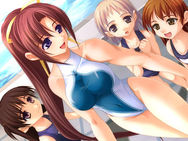 shinonome kazuhiko, kirishima mizuki, aneimo, game cg, jpeg artifacts, 00s, 4girls, :d, age difference, black hair, breast awe, breasts, brown eyes, brown hair, dutch angle, everyone, hair ribbon, long hair, multiple girls, one-piece swimsuit, open mouth, ponytail, pool, poolside, purple eyes, red hair, ribbon, school swimsuit, see-through clothes, short hair, smile, standing, swimsuit, thigh gap, very long hair, water