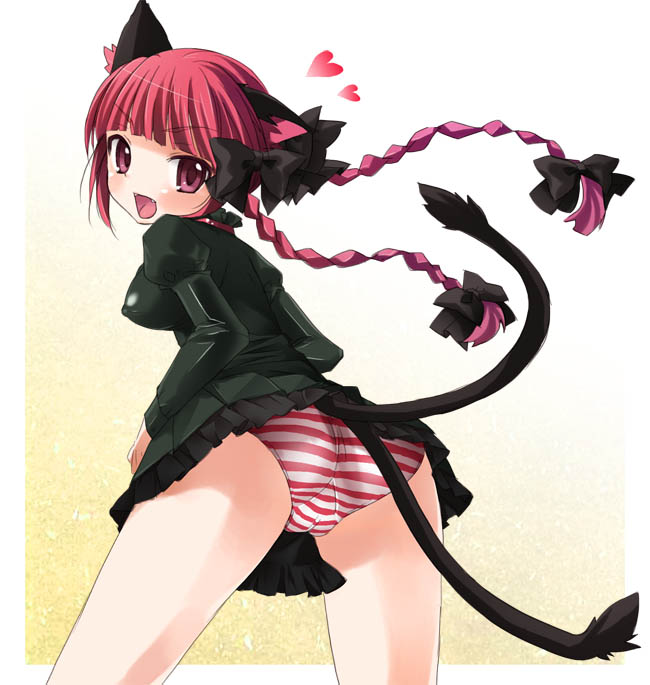kimishima ao, kaenbyou rin, touhou, bad id, bad pixiv id, jpeg artifacts, 1girl, animal ears, ass, bow, braid, cameltoe, cat ears, cat girl, cat tail, fangs, female focus, hair bow, heart, long hair, looking back, multiple hair bows, panties, red eyes, red hair, solo, striped clothes, striped panties, tail, twin braids, underwear