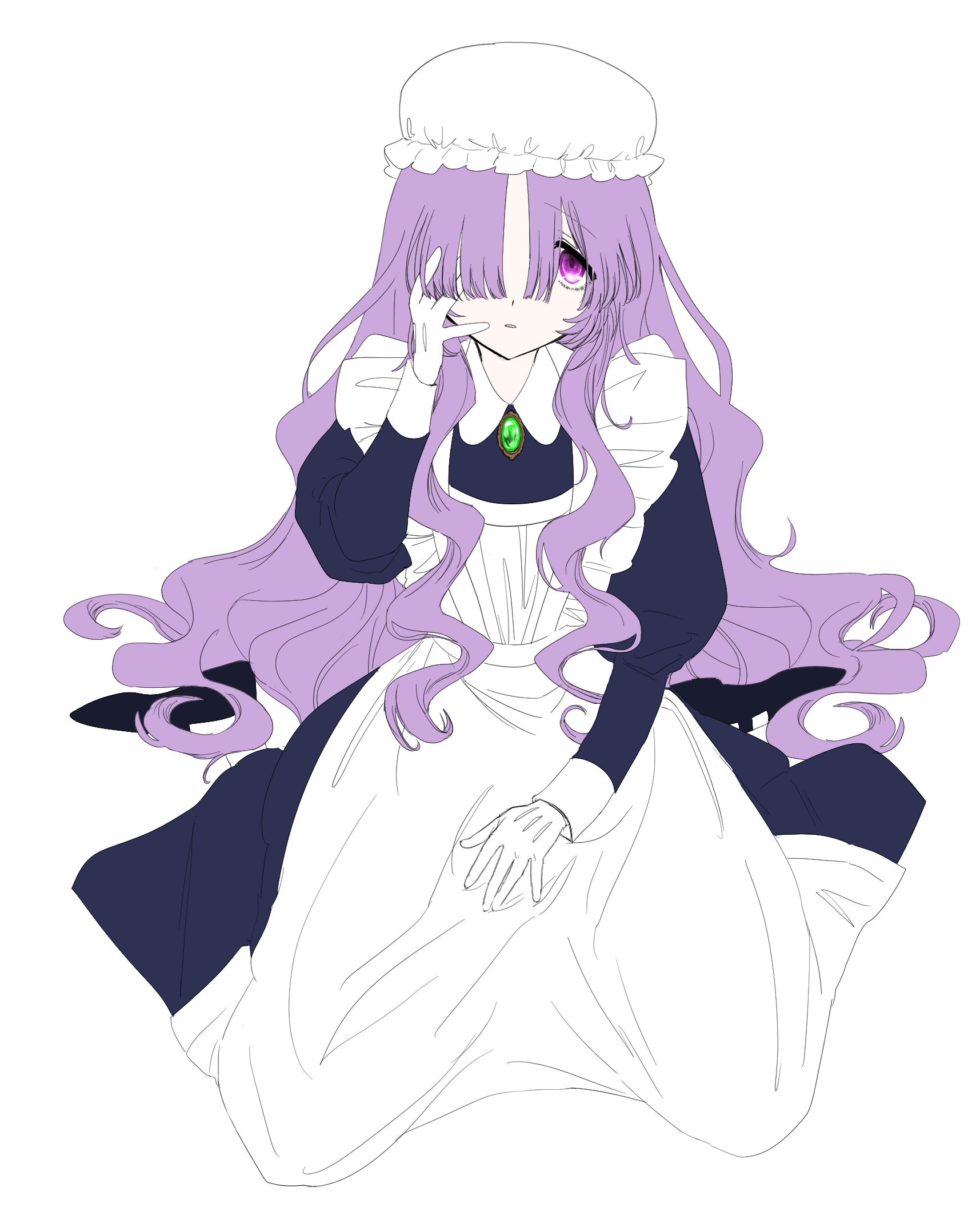 eurasia (wtp09ptw14), francoise (eurasia), original, commentary request, highres, 1girl, apron, blue dress, brooch, collared dress, dress, full body, gem, gloves, green gemstone, hair over one eye, hand on own face, hat, jewelry, long hair, looking at viewer, maid, maid apron, mob cap, one eye covered, parted bangs, parted lips, purple eyes, purple hair, simple background, sitting, solo, straight-on, transparent background, wariza, white apron, white gloves, white hat