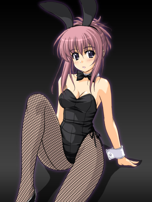 masakichi (crossroad), chikage (sister princess), sister princess, 00s, 1girl, animal ears, breasts, cleavage, cuffs, fake animal ears, female focus, fishnet pantyhose, fishnets, medium breasts, pantyhose, pink hair, playboy bunny, purple hair, rabbit ears, solo, wrist cuffs