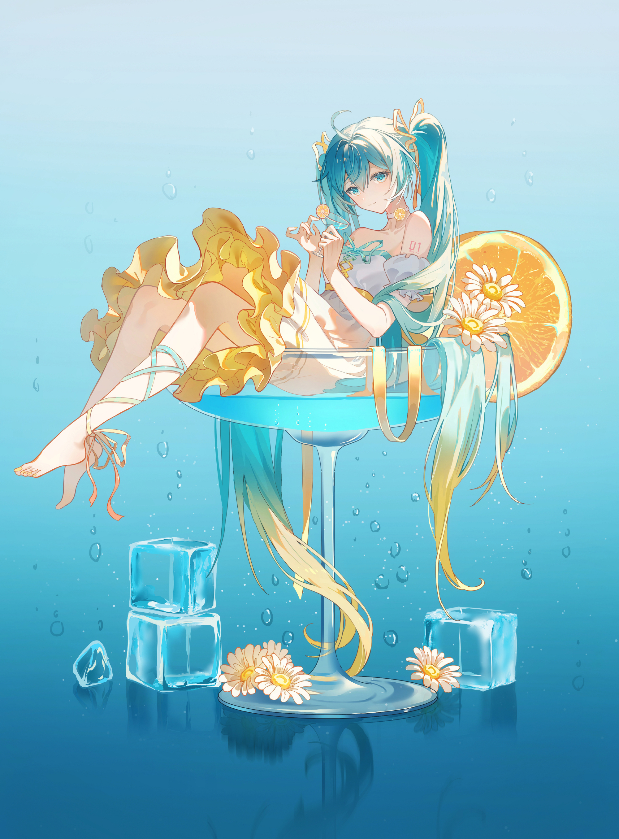 ji ye fan sheng, hatsune miku, vocaloid, absurdres, highres, 1girl, ahoge, aqua eyes, aqua hair, aqua ribbon, blonde hair, blush, closed mouth, cup, dress, drinking glass, flower, food, fruit, glasses, gradient hair, hair between eyes, hair ornament, ice, ice cube, long hair, multicolored hair, orange (fruit), orange ribbon, orange slice, puffy short sleeves, puffy sleeves, ribbon, short sleeves, smile, solo, strapless, strapless dress, twintails, very long hair, white dress, white flower, wine glass, yellow trim