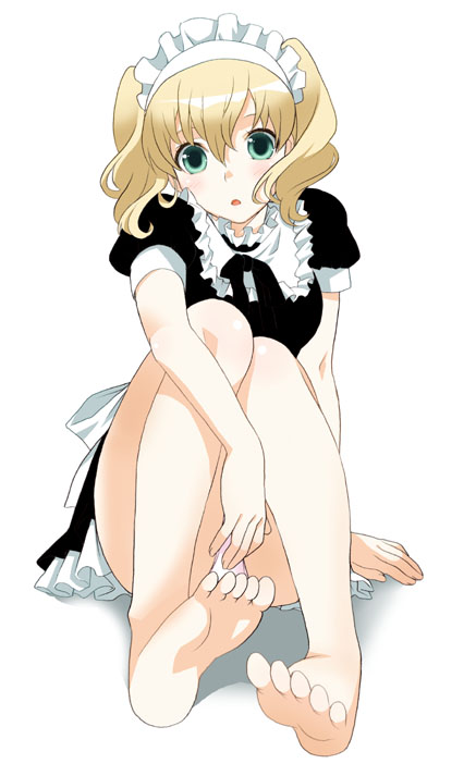 mattaku mousuke, original, 1girl, barefoot, blonde hair, feet, female focus, full body, gradient background, green eyes, maid, panties, pantyshot, pink panties, short hair, sitting, soles, solo, toes, underwear