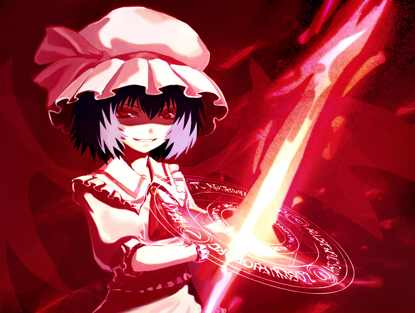 yu (pixiv228815), remilia scarlet, touhou, bad id, bad pixiv id, 1girl, female focus, gradient background, hat, ribbon, short hair, solo