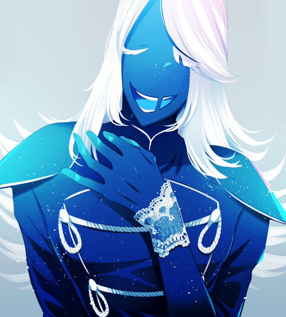 taharu (papiyas), rouxls kaard, deltarune, utdr (toby fox), blue jacket, blue skin, blue tongue, colored eyelashes, colored skin, colored tongue, jacket, lace, lace trim, long hair, long sleeves, male focus, one eye closed, open mouth, smile, teeth, white eyelashes, white hair