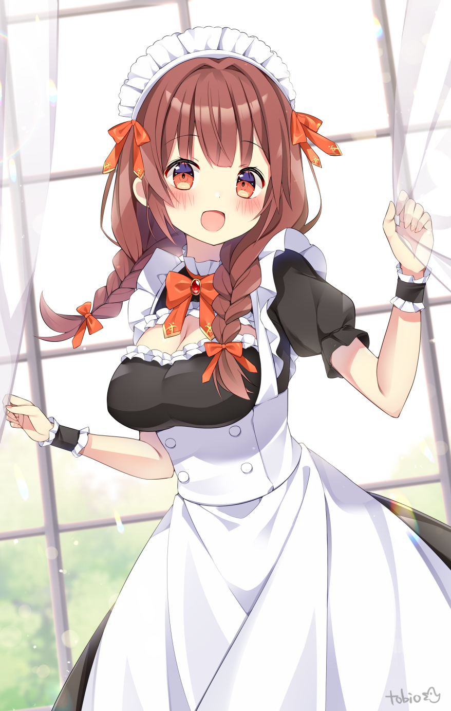 tobio illust, original, commentary, commission, highres, skeb commission, 1girl, :d, apron, black dress, blush, bow, bowtie, braid, breasts, brown hair, cleavage, cowboy shot, curtains, dress, frilled wrist cuffs, frills, hair bow, hand up, large breasts, long hair, looking at viewer, maid, maid headdress, open mouth, orange bow, orange bowtie, orange eyes, short sleeves, signature, smile, solo, twin braids, white apron, window, wrist cuffs