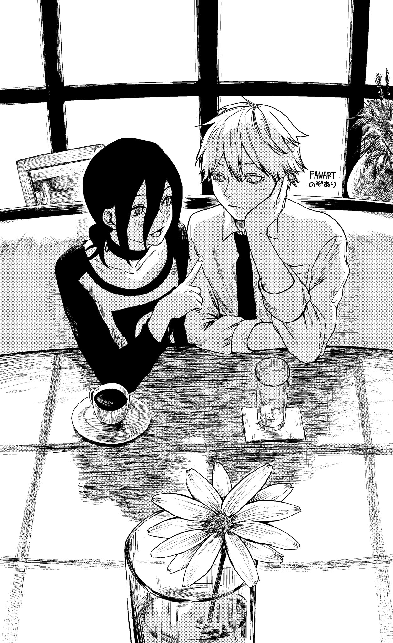 valentine (02140314c), denji (chainsaw man), reze (chainsaw man), chainsaw man, commentary, highres, 1boy, 1girl, black choker, choker, closed mouth, collarbone, cup, elbow rest, flower, glass, grenade pin, greyscale, hair between eyes, hetero, indoors, long hair between eyes, long sleeves, looking at viewer, monochrome, open mouth, pointing, pointing at another, short hair, shoulder-to-shoulder, signature, sitting, upper body, window