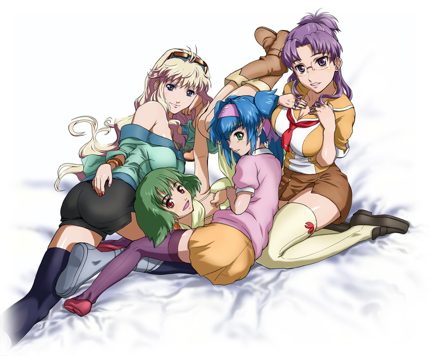 morisu, klan klein, matsuura nanase, ranka lee, sheryl nome, macross, macross frontier, 00s, 4girls, bad anatomy, bare shoulders, blue eyes, blue hair, boots, breasts, doc martens, glasses, green eyes, green hair, headband, large breasts, long hair, lying, multiple girls, pencil skirt, pink hair, pointy ears, purple eyes, purple hair, red eyes, school uniform, serafuku, short hair, skirt, thighhighs
