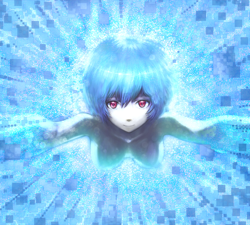 ayanami rei, neon genesis evangelion, blue hair, nude, pale skin, red eyes, smile, solo