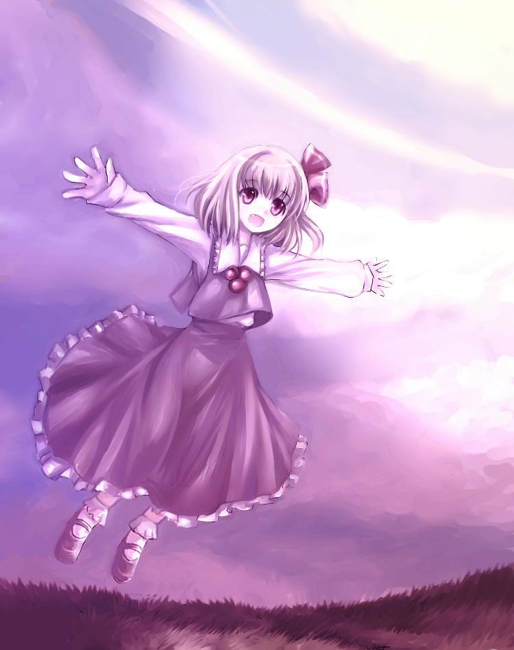 neme, rumia, embodiment of scarlet devil, touhou, bad id, bad pixiv id, 1girl, blonde hair, fang, female focus, flying, full body, outdoors, outstretched arms, plant, red eyes, ribbon, short hair, sky, solo, spread arms