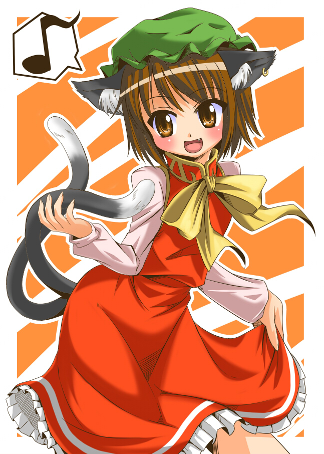 nikyu, nikyu2q (pixiv), chen, touhou, 1girl, animal ears, brown hair, cat ears, cat girl, cat tail, china dress, chinese clothes, dress, earrings, fang, female focus, hat, jewelry, ribbon, short hair, solo, tail