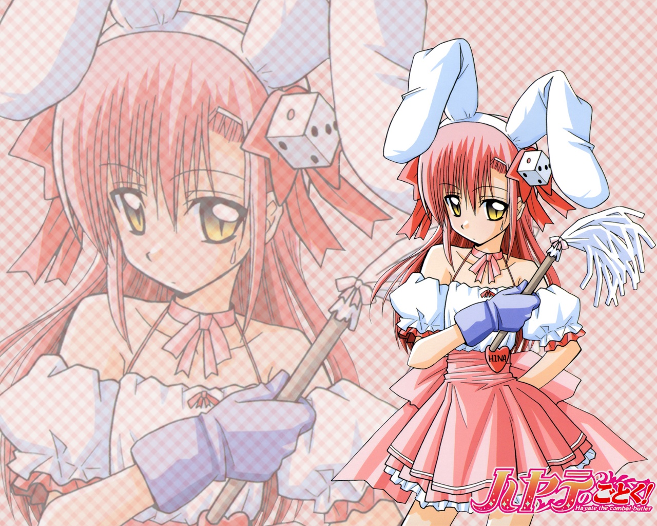 hata kenjirou, katsura hinagiku, usada hikaru, di gi charat, hayate no gotoku!, animal ears, bare shoulders, choker, cosplay, dice, long hair, parody, pink hair, rabbit ears, solo, usada hikaru (cosplay), waitress, yellow eyes, zoom layer