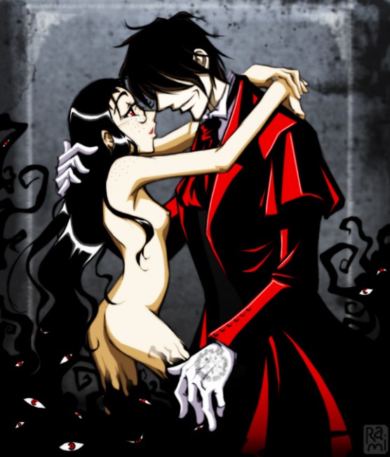 alucard (hellsing), rip van winkle (hellsing), hellsing, 1boy, 1girl, arms around neck, ass, bad anatomy, black hair, breasts, clothed male nude female, coat, extra eyes, flat chest, freckles, glasses, gloves, hetero, hug, insignia, long hair, necktie, nipples, nude, overcoat, pale skin, red coat, red eyes, shadow, sideboob, small breasts, smirk, vampire, white gloves