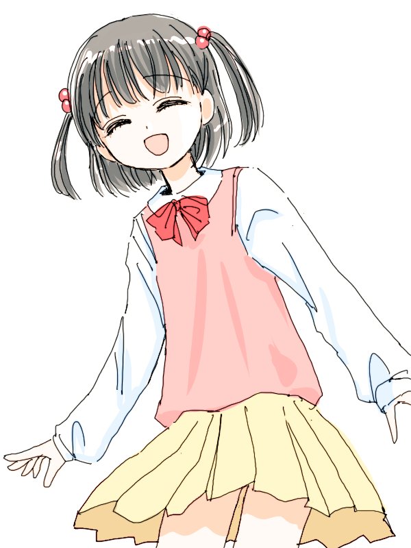 oda shuuki, original, commentary, 1girl, :d, ^ ^, black hair, bow, closed eyes, collared shirt, cowboy shot, facing viewer, hair bobbles, hair ornament, long sleeves, open mouth, pleated skirt, red bow, shirt, simple background, skirt, smile, solo, sweater vest, two side up, white background, white shirt
