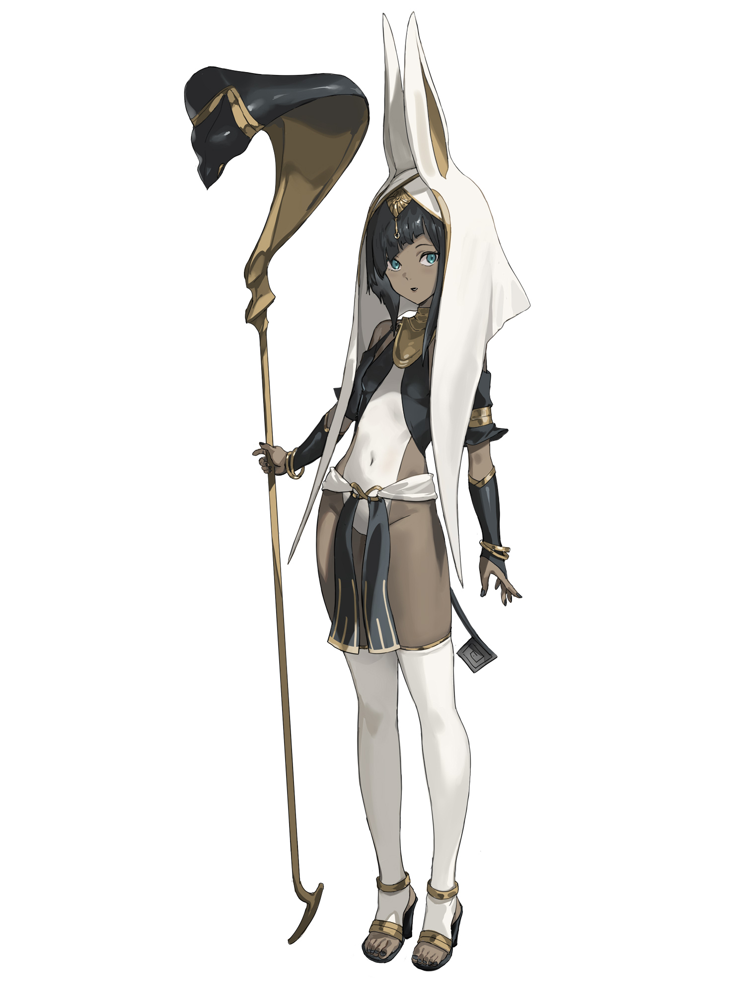 km yama, original, highres, 1girl, ancient egyptian, aqua eyes, black hair, bracelet, breasts, bridal gauntlets, covered navel, dark-skinned female, dark skin, full body, gold trim, high heels, holding, holding staff, jewelry, short hair, small breasts, solo, staff, stirrup legwear, thighhighs, toeless legwear, usekh collar, veil, white background