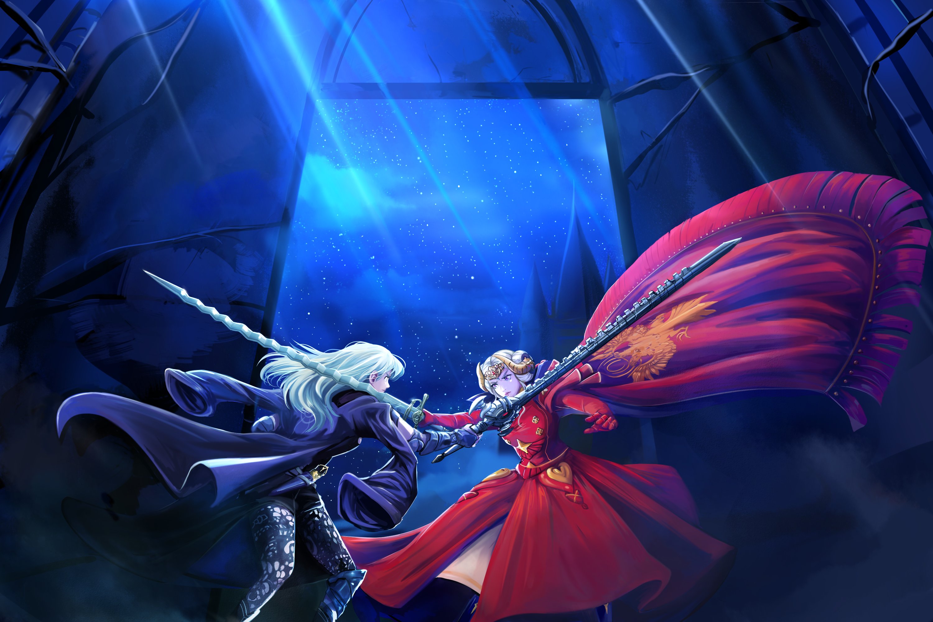 edelgard von hresvelg, edelgard von hresvelg (timeskip), female byleth (enlightened) (fire emblem), female byleth (fire emblem), fire emblem, fire emblem: three houses, nintendo, bad id, bad twitter id, highres, 2girls, armored boots, armored gloves, black cape, black shorts, boots, cape, dress, gloves, green hair, holding, holding sword, holding weapon, horns, indoors, long hair, looking at another, multiple girls, night, night sky, purple eyes, red cape, red dress, red gloves, shorts, sky, star (sky), starry sky, susana38502104, sword, sword fight, sword of the creator, weapon, white hair