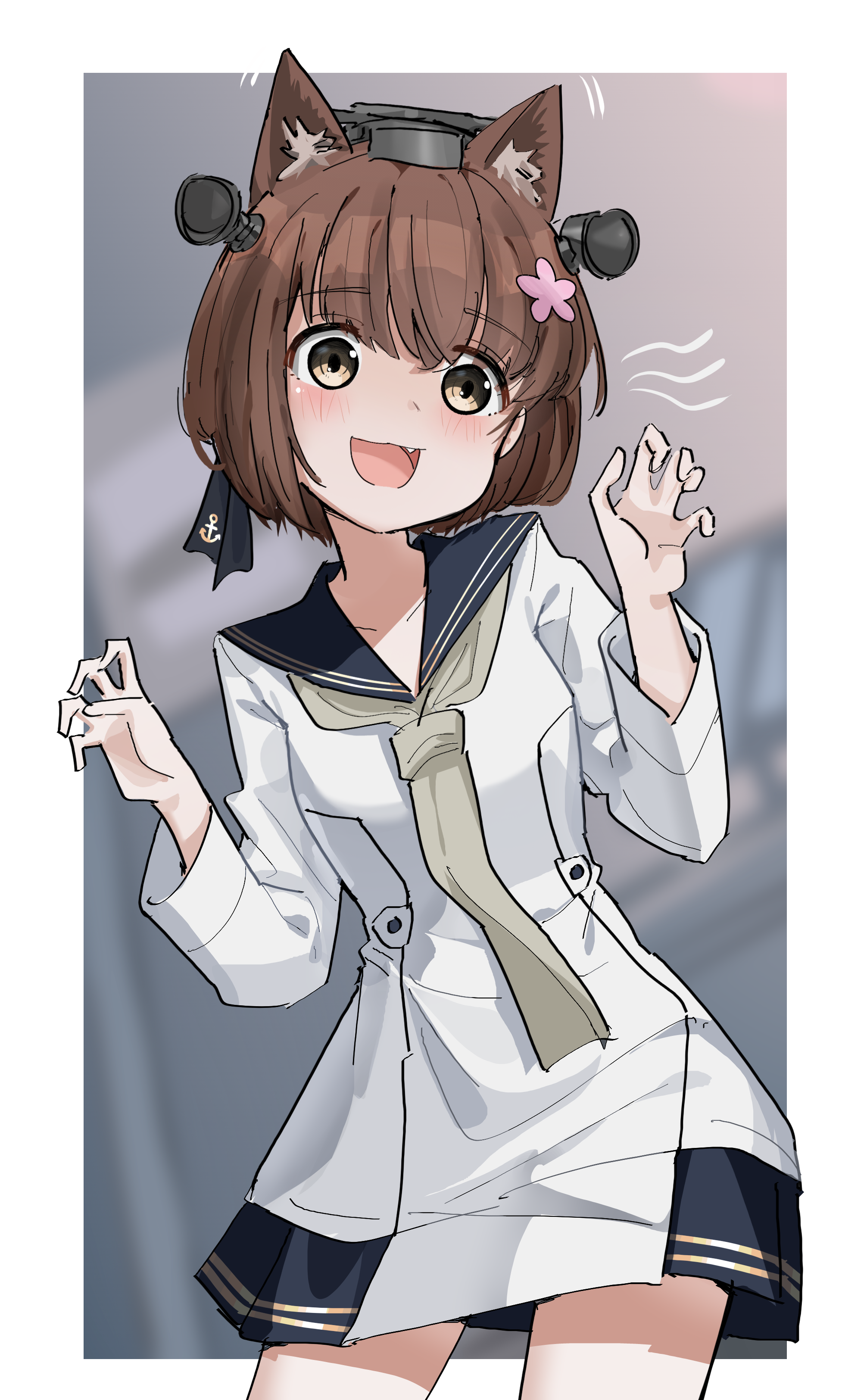 ningfeng233, yukikaze (kancolle), yukikaze kai ni (kancolle), kantai collection, absurdres, highres, animal ears, blue neckerchief, blue sailor collar, brown eyes, brown hair, cat ears, cherry blossoms, dress, grey neckerchief, headgear, long shirt, neckerchief, one-hour drawing challenge, radar hair ornament, sailor collar, sailor dress