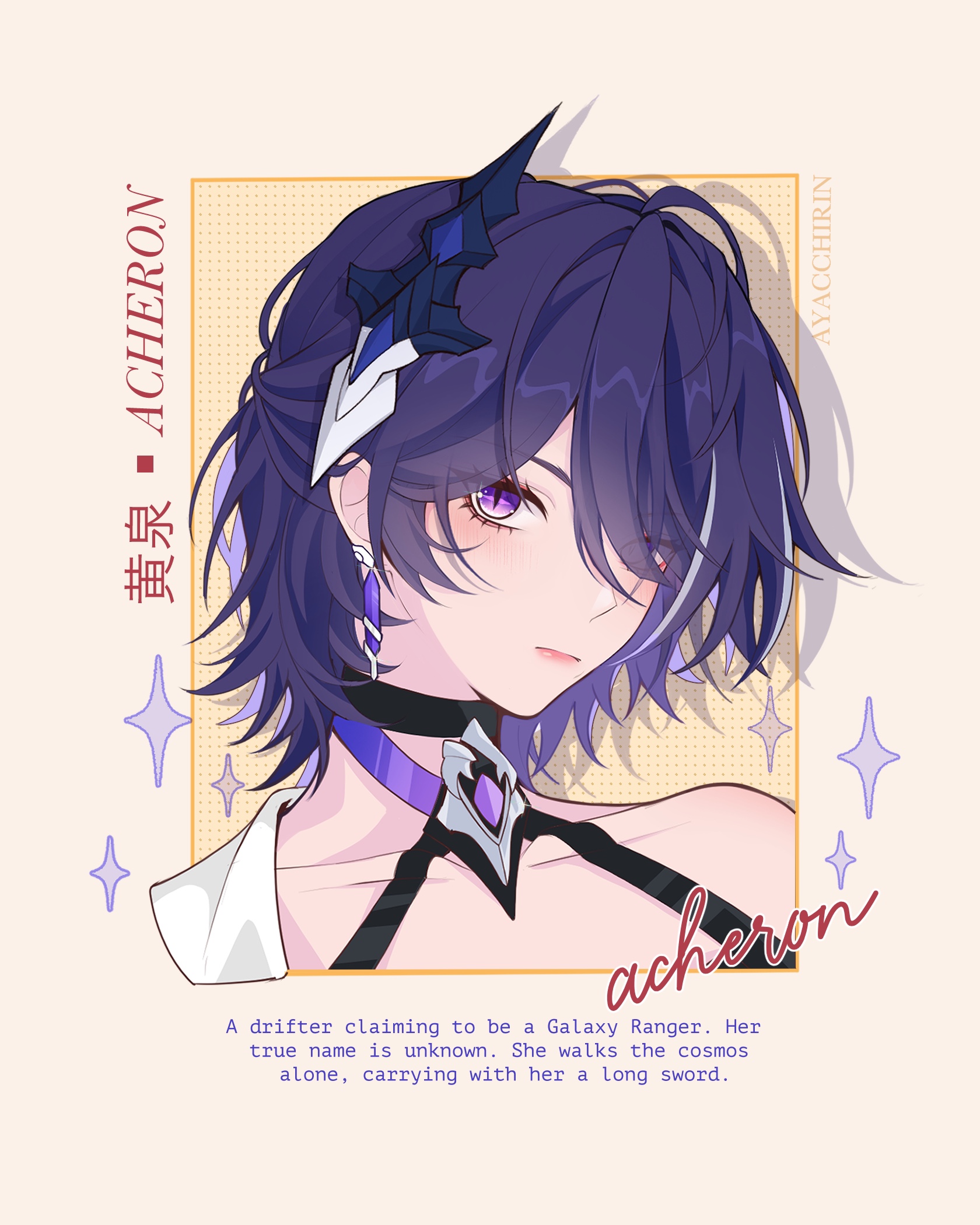 ayacchirin, acheron (honkai: star rail), honkai: star rail, honkai (series), commentary, english commentary, highres, 1girl, alternate hair length, alternate hairstyle, black choker, character name, choker, closed mouth, collarbone, earrings, english text, eyes visible through hair, hair ornament, hair over one eye, jewelry, light blush, looking at viewer, multicolored hair, portrait, purple eyes, purple hair, solo, streaked hair, yellow background