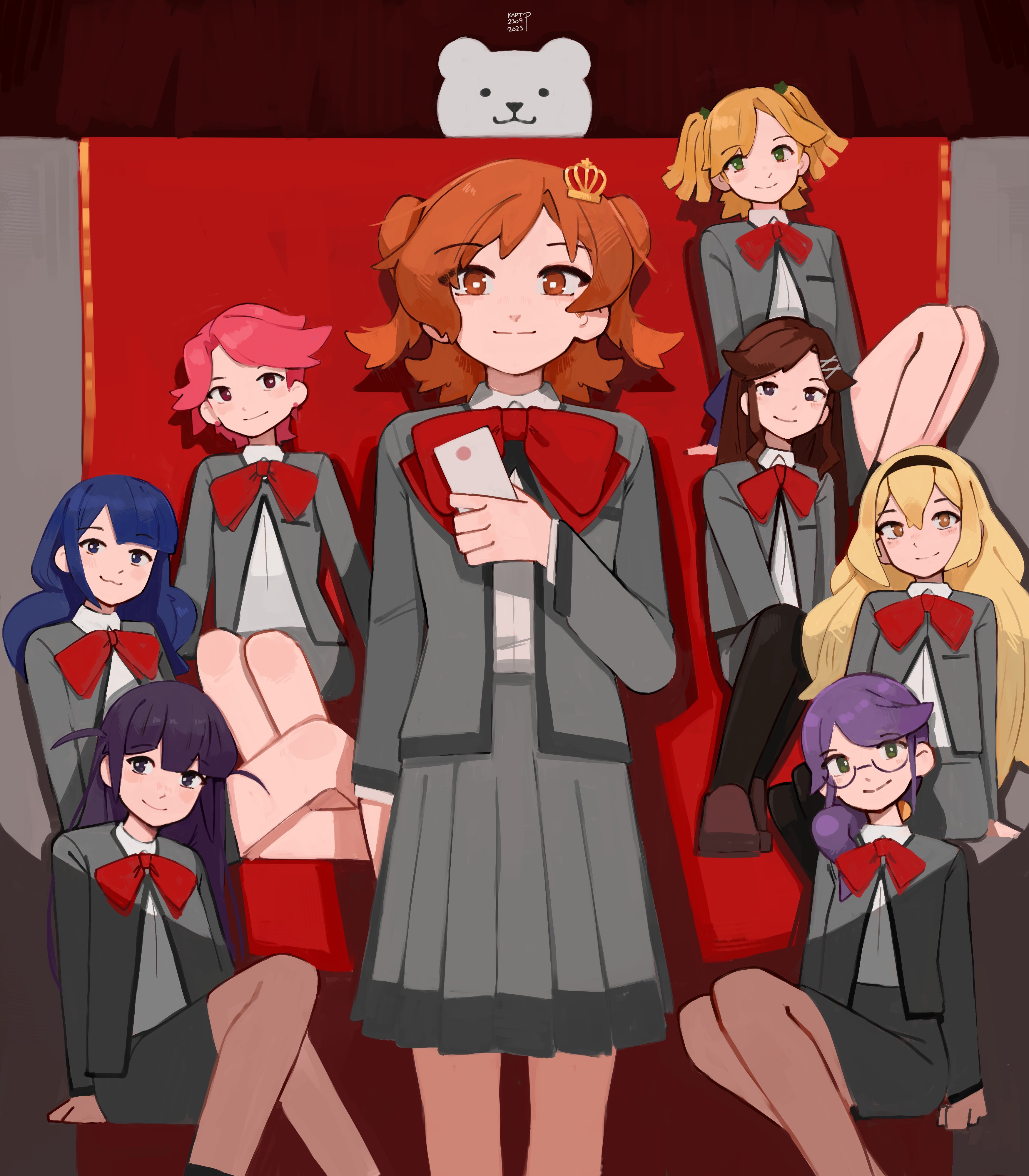kart prowler, aijou karen, daiba nana, hanayagi kaoruko, hoshimi junna, isurugi futaba, saijou claudine, tendou maya, tsuyuzaki mahiru, shoujo kageki revue starlight, absurdres, commentary, highres, symbol-only commentary, 6+girls, arm at side, artist name, black hairband, black pantyhose, blonde hair, blue bow, blue eyes, blue hair, blunt bangs, bow, bowtie, brown eyes, brown hair, brown shoes, closed mouth, crown hair ornament, curtains, dated, earrings, green eyes, grey jacket, grey skirt, hair between eyes, hair bow, hair ornament, hair over shoulder, hairband, hairclip, hand up, holding, holding ticket, indoors, jacket, jewelry, knee up, knees together feet apart, knees up, long hair, long sleeves, looking at viewer, low ponytail, miniskirt, multiple girls, open clothes, open jacket, orange eyes, pantyhose, parted bangs, pink eyes, pink hair, pleated skirt, ponytail, purple eyes, purple hair, red bow, red bowtie, school uniform, seishou music academy uniform, shirt, shoes, short hair, short twintails, skirt, smile, spotlight, standing, stud earrings, stuffed animal, stuffed toy, teddy bear, ticket, twintails, two side up, white shirt, x hair ornament