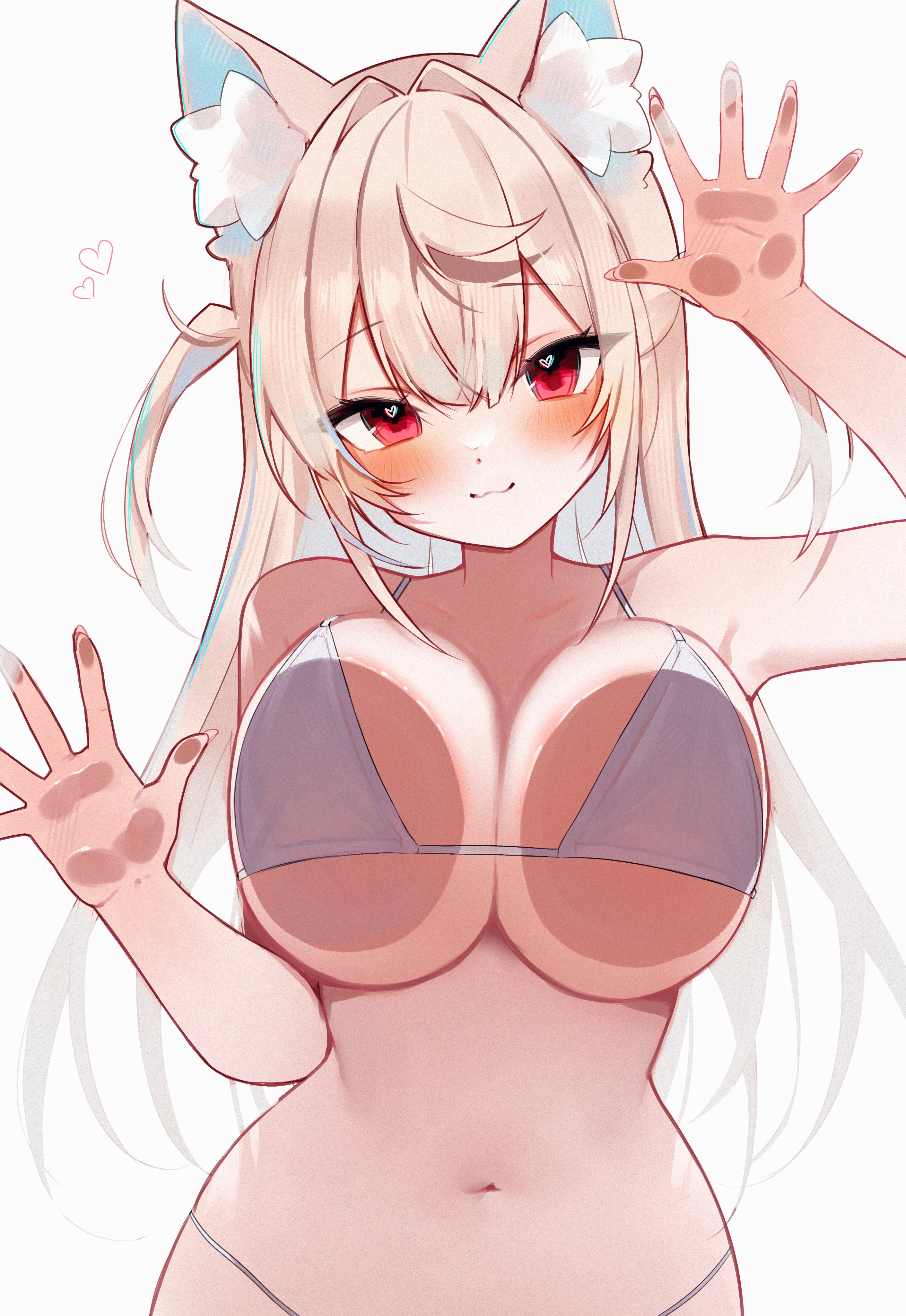 meiwowowo, fuwawa abyssgard, hololive, hololive english, absurdres, commentary, hashtag-only commentary, highres, 1girl, :3, against glass, animal ears, bare shoulders, bikini, blonde hair, blue hair, blush, breast press, breasts, breasts on glass, closed mouth, colored inner animal ears, dog ears, dog girl, fingernails, hair intakes, hand on glass, heart, heart in eye, large breasts, long hair, looking at viewer, multicolored hair, navel, pink eyes, simple background, smile, solo, stomach, streaked hair, swimsuit, symbol in eye, two-tone hair, two side up, virtual youtuber, white background, white bikini