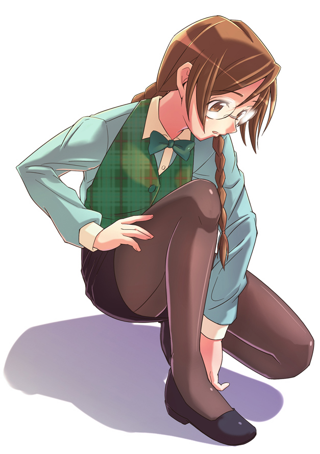 e20, original, plaid, 1girl, adjusting clothes, adjusting shoe, black pantyhose, black shoes, black skirt, blue shirt, bow, bowtie, braid, brown eyes, brown hair, collared shirt, dress shirt, female focus, full body, glasses, hair over shoulder, long hair, long sleeves, looking down, pantyhose, pencil skirt, round eyewear, shadow, shirt, shoes, simple background, skirt, solo, squatting, twin braids, twintails, vest, white background