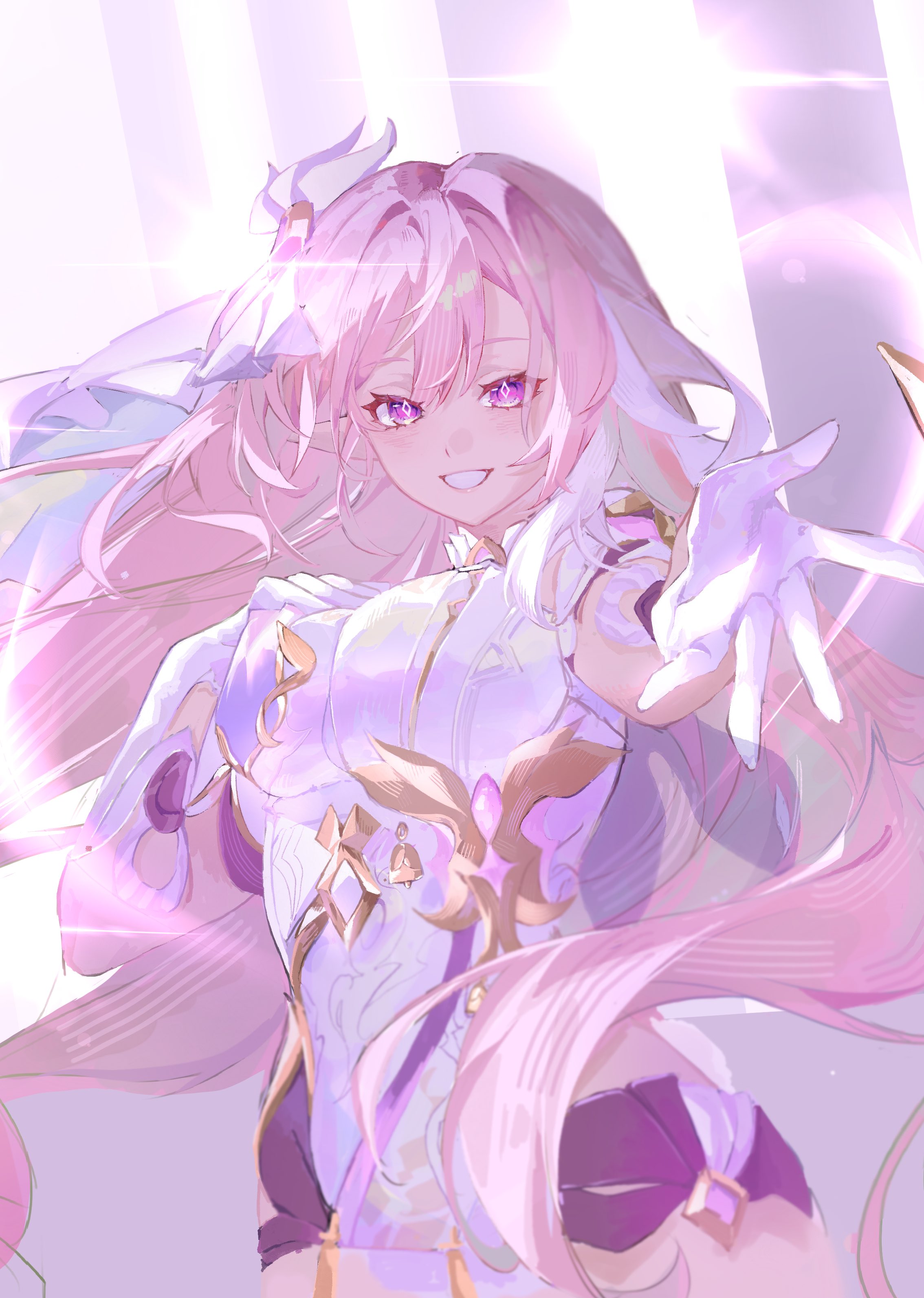 elysia (herrscher of human: ego) (honkai impact), elysia (honkai impact), honkai (series), honkai impact 3rd, absurdres, hashtag-only commentary, highres, 0103ots, 1girl, black shorts, breasts, corset, diamond-shaped pupils, diamond (shape), gloves, hair ornament, large breasts, long hair, looking at viewer, pink hair, purple eyes, reaching, reaching towards viewer, short shorts, shorts, smile, solo, symbol-shaped pupils, very long hair, white corset, white gloves