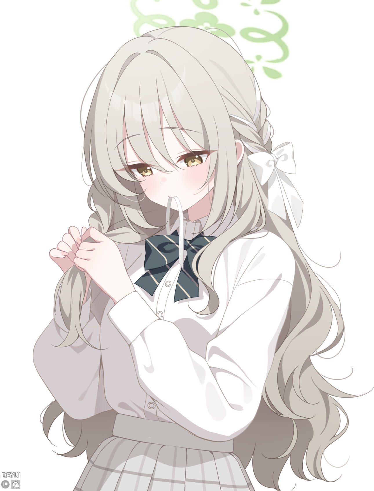 deyui, miyo (blue archive), blue archive, highres, 1girl, artist name, bow, bowtie, braiding hair, green bow, green bowtie, grey hair, grey skirt, hair bow, hairdressing, halo, hands up, jacket, long hair, long sleeves, looking down, mouth hold, school uniform, shirt, shirt tucked in, simple background, skirt, solo, upper body, white background, white bow, white shirt, yellow eyes