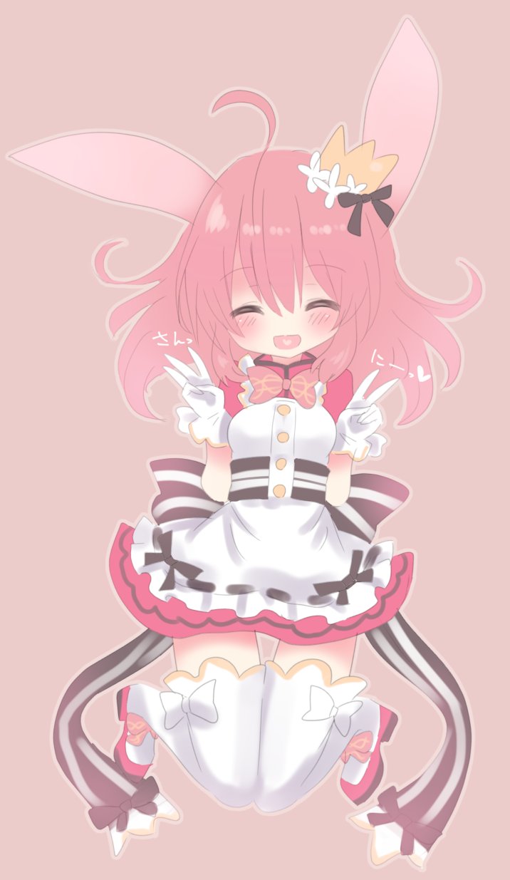 valucard eco, minnie doe alma, emil chronicle online, highres, 1girl, ^ ^, ahoge, animal ears, apron, black ribbon, black sash, boots, closed eyes, crown, double v, dress, frilled apron, frills, gloves, hair ribbon, neck ribbon, open mouth, pink background, pink boots, pink dress, pink hair, pink ribbon, rabbit ears, rabbit girl, ribbon, sash, smile, solo, thighhighs, v, white apron, white gloves, white thighhighs