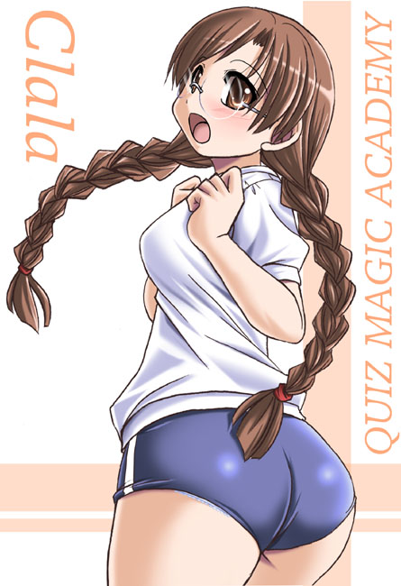 tonpuu, clala, quiz magic academy, 1girl, :o, ass, blush, braid, buruma, female focus, glasses, gym uniform, looking at viewer, open mouth, shirt, short sleeves, solo, sportswear, twin braids, twintails, white shirt