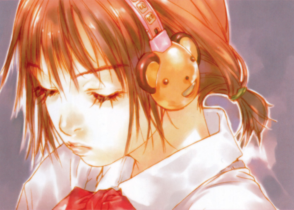 okazaki takeshi, 1girl, braid, brown hair, closed eyes, female focus, headphones, school uniform, serafuku, short twintails, solo, takeshi okazaki, twintails