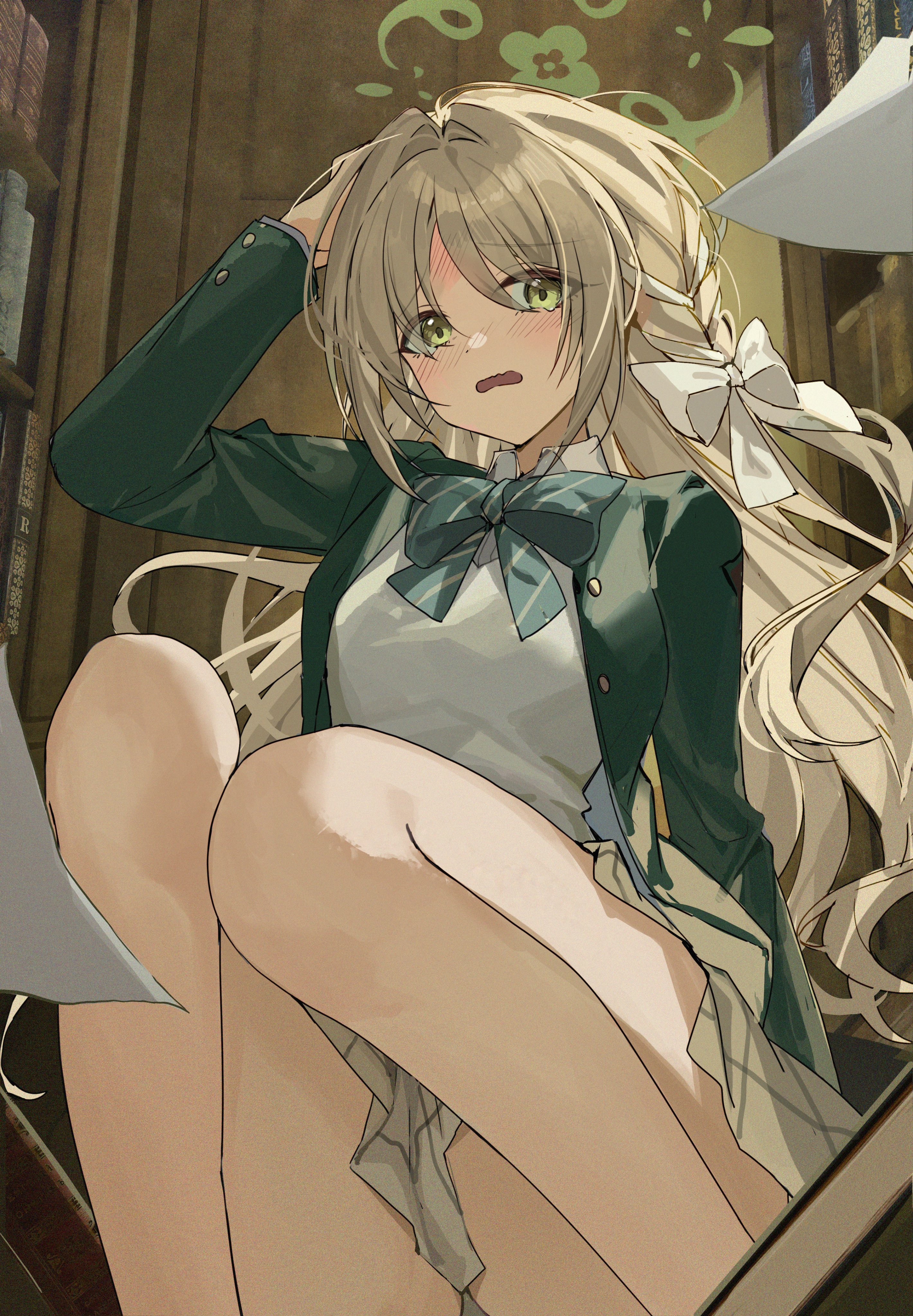 b soyo1, miyo (blue archive), blue archive, absurdres, highres, 1girl, blue ribbon, brown hair, brown skirt, green eyes, green halo, green jacket, hair between eyes, halo, hand on own head, jacket, looking at viewer, ribbon, shirt, skirt, solo, thighs, white shirt