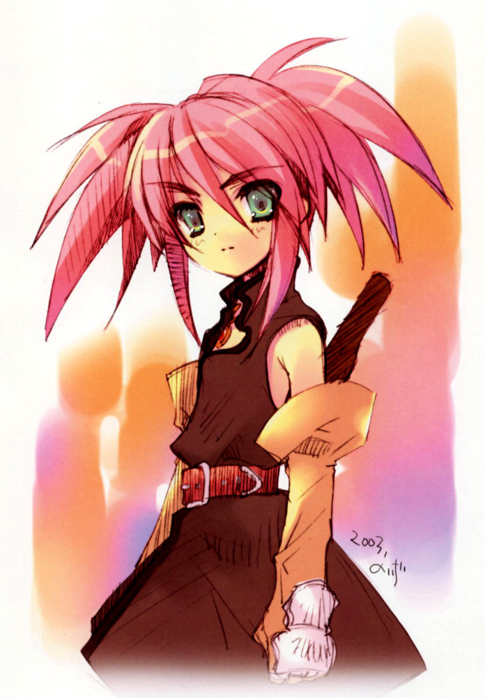 ito noizi, presea combatir, tales of (series), tales of symphonia, 00s, 1girl, 2003, belt, elbow gloves, female focus, gloves, green eyes, pink hair, solo, split mouth, twintails