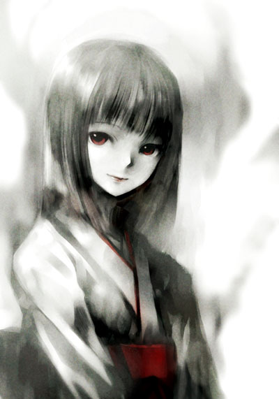 kei (keigarou), original, black hair, japanese clothes, kimono, long hair, red eyes, solo