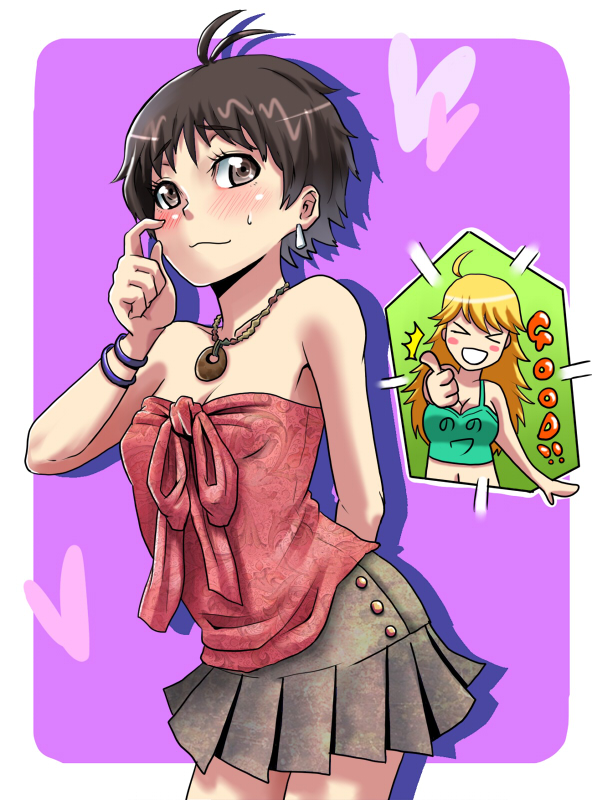 yokkora, hoshii miki, kikuchi makoto, nonowa, idolmaster, idolmaster (classic), idolmaster 1, bad id, bad pixiv id, 00s, antenna hair, bare shoulders, blonde hair, blush, brown eyes, brown hair, flat chest, long hair, miniskirt, short hair, skirt, strapless, tube top, very short hair