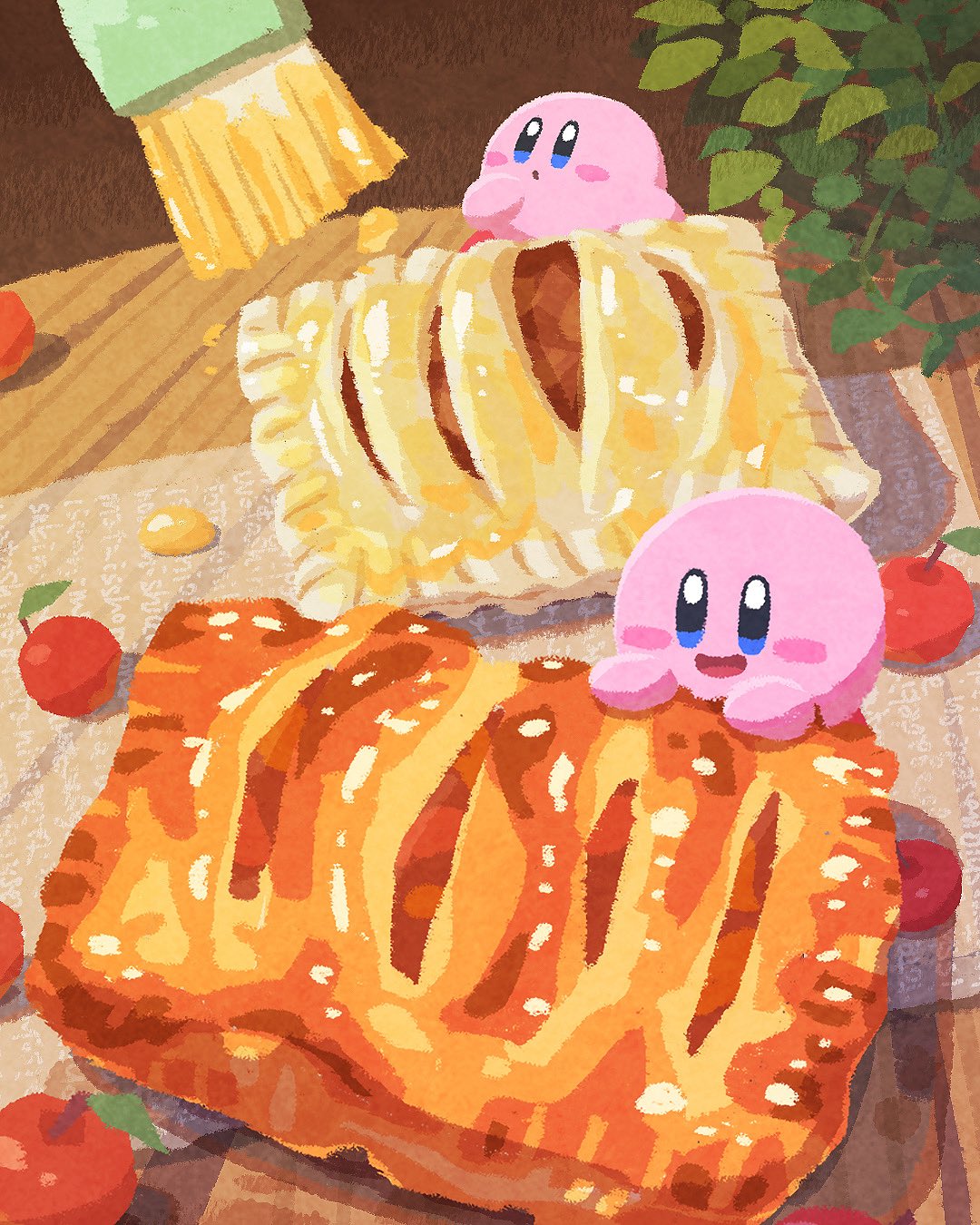 miclot, kirby, kirby (series), nintendo, commentary, highres, apple, apple pie, blue eyes, blush stickers, food, fruit, no humans, open mouth, pie, smile