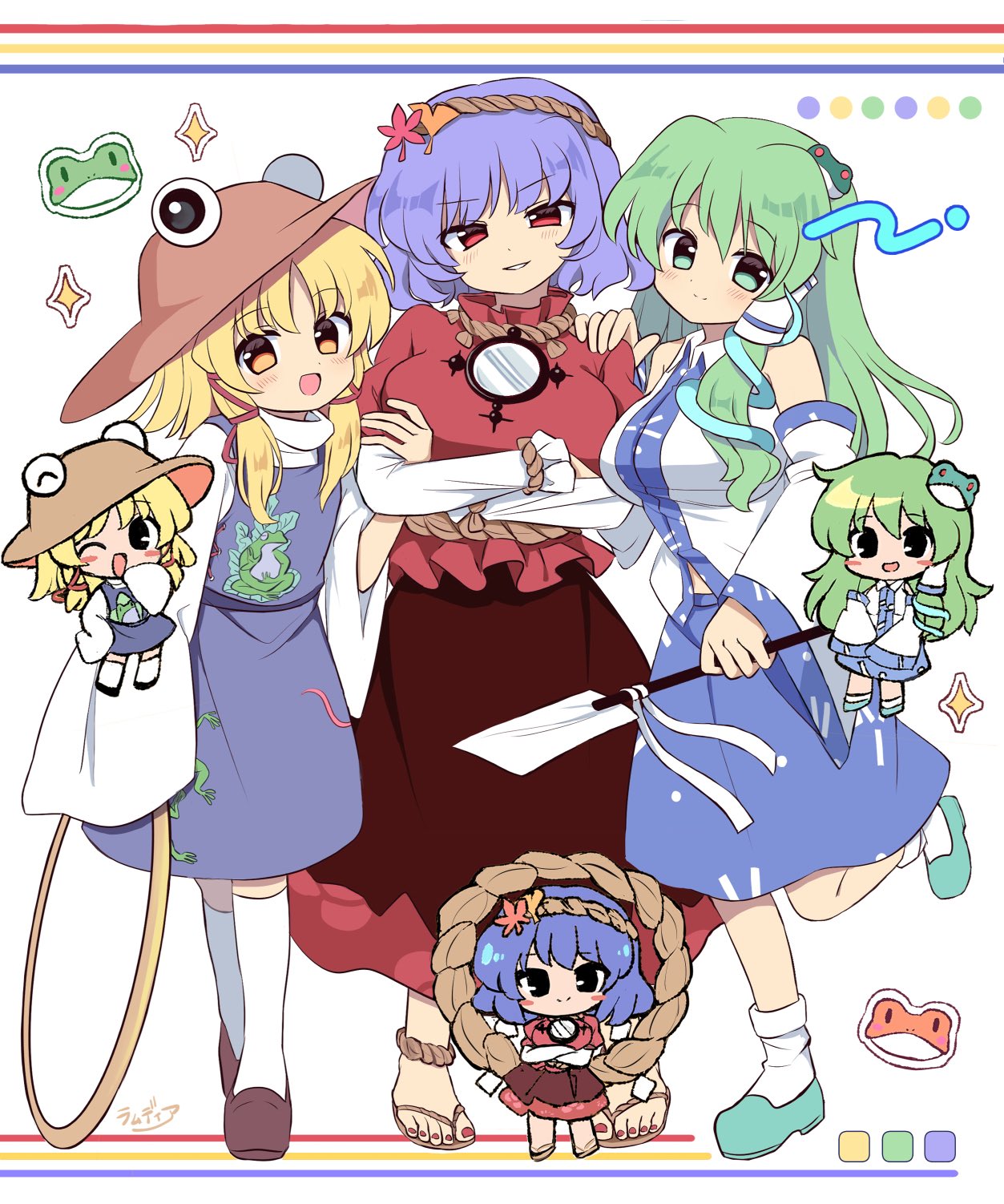 ramudia (lamyun), kochiya sanae, moriya suwako, yasaka kanako, touhou, commentary request, highres, 3girls, :d, ;d, animal print, blonde hair, blue skirt, brown hat, brown shoes, chibi, closed mouth, collared shirt, crossed arms, detached sleeves, frog, frog hair ornament, frog print, full body, ginkgo leaf, gohei, green eyes, green hair, green shoes, grin, hair ornament, hair ribbon, hand on another's shoulder, hat, holding, holding gohei, kneehighs, leaf, long hair, long sleeves, looking at viewer, maple leaf, moriya's iron rings, multiple girls, one eye closed, open mouth, purple hair, purple skirt, purple vest, red eyes, red ribbon, red shirt, red skirt, ribbon, rope, sandals, shimenawa, shirt, shoes, short hair, sidelocks, skirt, sleeveless, sleeveless shirt, smile, snake hair ornament, socks, standing, standing on one leg, tress ribbon, vest, white shirt, white sleeves, white socks, wide sleeves, yellow eyes, zouri