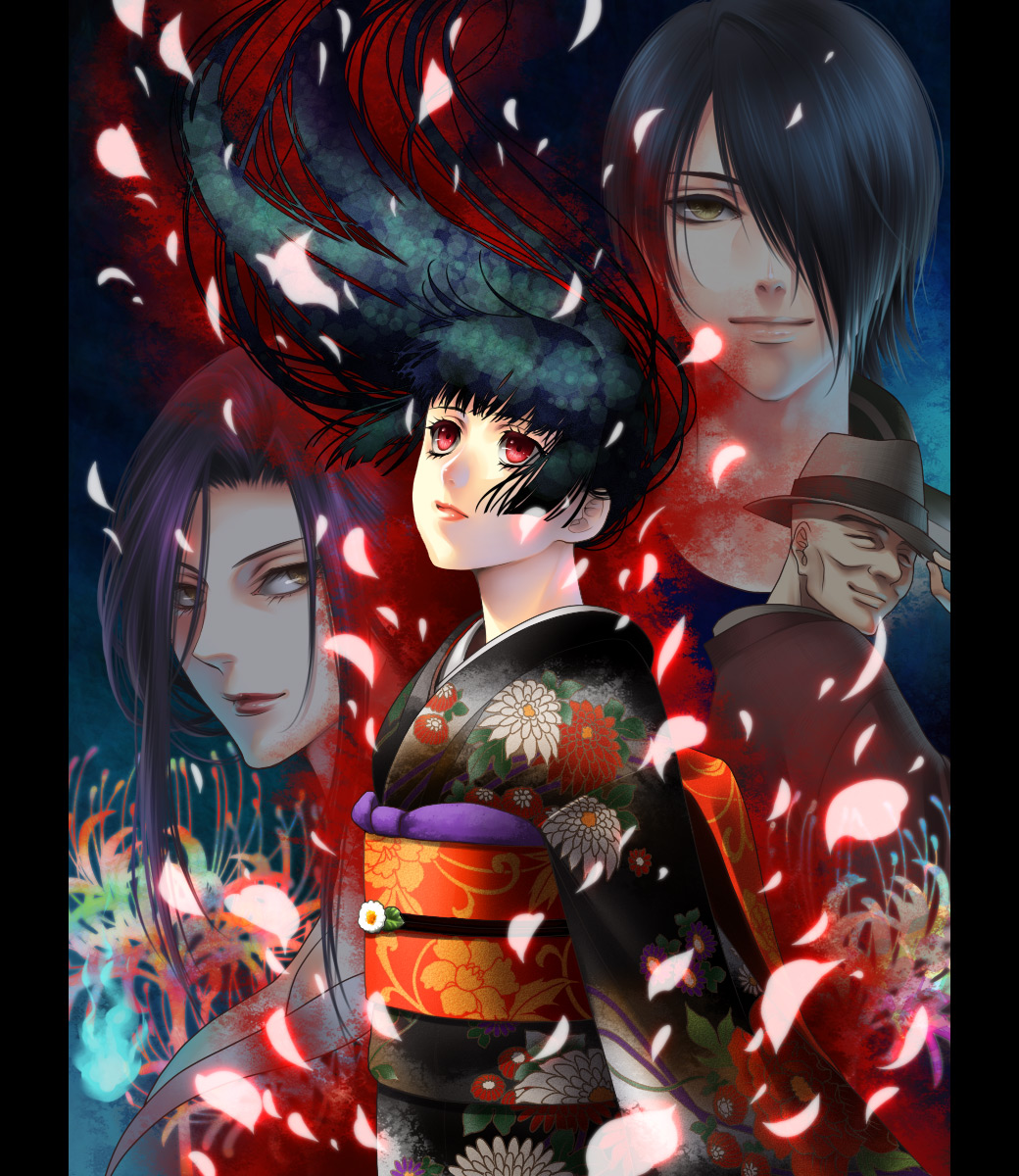 kayu, enma ai, hone onna, ichimoku ren, wanyuudo, jigoku shoujo, highres, 00s, 2boys, 2girls, black hair, blunt bangs, flower, hime cut, japanese clothes, kimono, long hair, multiple boys, multiple girls, petals, red eyes, red flower, spider lily, wind