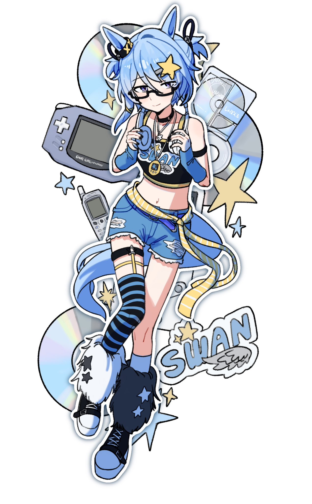 saramiao-chan, k.s.miracle (umamusume), umamusume, highres, 1girl, alternate costume, animal ears, blue eyes, blue hair, blush, breasts, collarbone, fingernails, full body, glasses, hair between eyes, hair ornament, headphones, horse ears, horse girl, horse tail, midriff, navel, shorts, smile, tail, thighhighs, white background